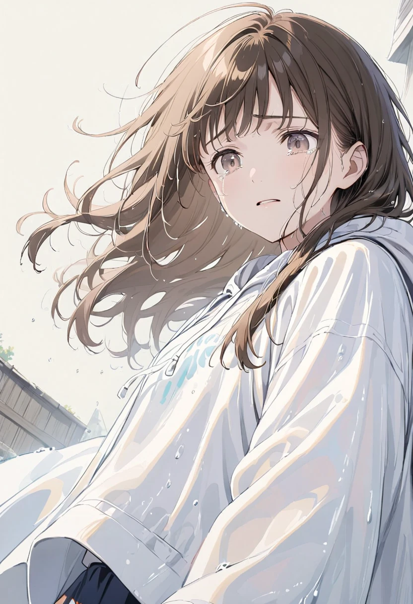 ((anime,pastel))、 a woman looking down , cowboy shot,Close up,Ultra low angle, an angle that looks into your face, Long Wet Hair ,真下に1 woman with droopy hair ,1 woman with droopy hair ,((bangs,Sideburns)),sorrow, sheds tears,Overflowing Tears , a hand that catches tears ,The theme is hopelessness , Brown Hair, dark eyes,White hoodie　 background is black