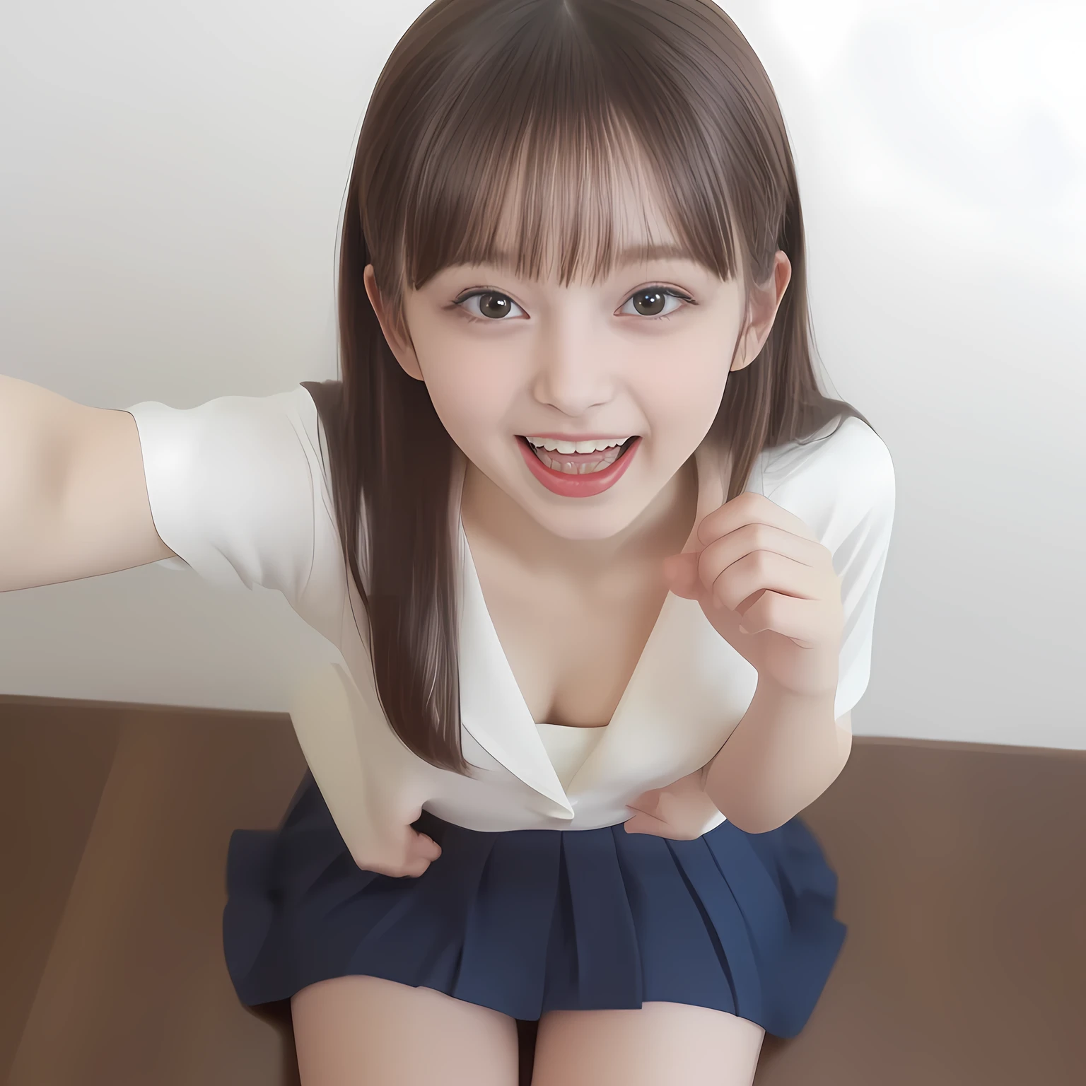 (Highest quality, masterpiece:1.2), Highest quality, High resolution, 1080P, 8k, (Two yo Japanese beautiful girl idols are seated and giving strong subliminal sexual invitation and temptation, undressing navy uniform, cute skirt with beautiful knees, looking at the viewer, can't stop showing cute smile open mouth because of feeling too funny about the viewer, very white-white face, very proud of her long straight black hair, using face-whitening cosmetics, 14 girl's eyes, opened laughing giggling most open mouth, too expensive navy sailor-styled school uniform, well-straitened super-long well-trimmed long hair, evenly neatly trimmed girly cute bangs: 1.5), (Laughing blushed cheeks with dimples), (Well-balanced, impressive, very intelligent, double-eyelids, black shining large eyes of 14yooung idol with detailed: 1.5), ((Beautiful well-figured glossy opened laughing lips: 1.2)), (mature breast), (The viewer can't stop madly kissing them because of her beauty and subliminal strong invitation), (Very beautiful, super-glossy, cute neat black amazingly long hair, straight well-done long hair-style: 1.3), (plain blue background: 1.6), (((Completely balanced beautiful big cool eyes, looking coldly at me!: 1.3))), (eyes, face and hair are especially beautifully detailed and beautifully drawn: 1.5), (The soft white light clearly shows her face extremely white: 1.2), (the viewer become crazy and can't stop bursting and running every liquid to her body: 1.7), (School uniform, too-cute slender 14yo ser-long-hair Japanese beautiful-young-girl idol twins are laughing at me and undressing me, super-widely open laughing mouth, everything is girly, neat and too beautiful: 1.6), (Super long hair 14yo super-cute-face navy-sailor-suit school-uniform pretty young idol of school idol photo magazine, is undressing the viewer, height: 158cm: 2.1), (Inevitable subliminal invitation and temptation to the eternal deep deep unreal pleasure world of flood of beautiful girls: 2.0)