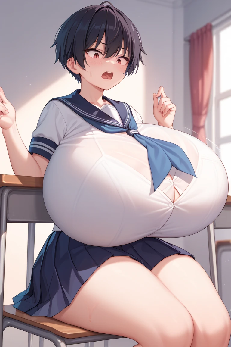 1 girl, very short hair, background school, ((gigantic breast)), breast expansion, Body curves, tomboy face, School uniforms, Pleated Skirt, serafuku, Sailor collar