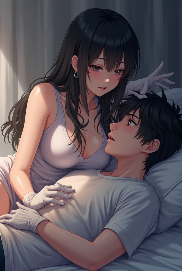 college student couple、Lovers、black hair girl、cute、droopy eyes、hug、tall man、Handsome guy、detailed face、バックhug、pajamas、white clothes、bedroom、A woman sits on a man's lap