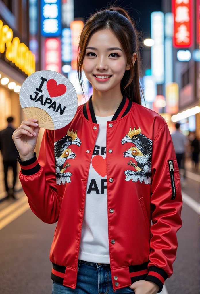 The Suckerジャン, professional photography,  Jacket Design Eagle Embroidery、Red jacket、 、portrait of a Asian woman wearing The Suckerジャン and jeans, jacket, ponytail hair, gently smiling, beautiful makeup, she holding a fan with text "I Love JAPAN、neon city in background, bokeh, depth of field 