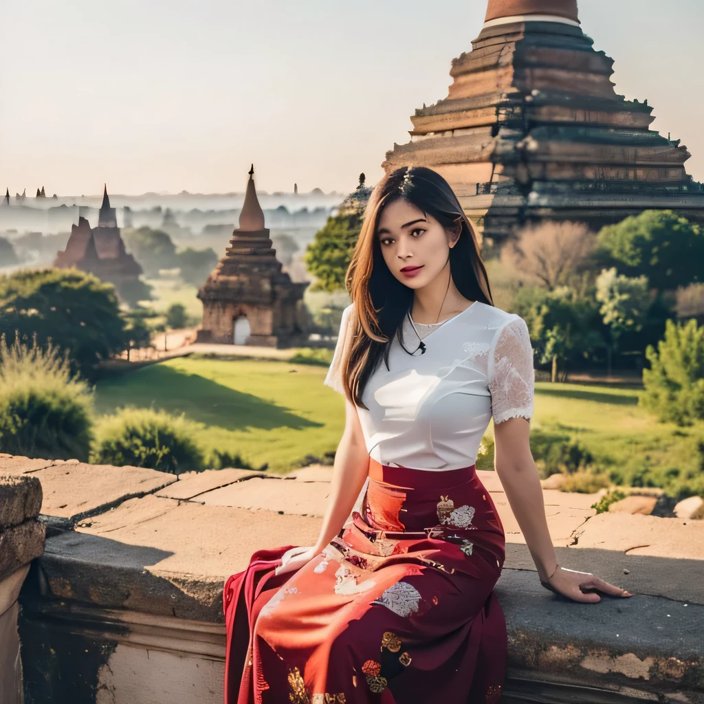 (Portrait Photography:1.2), (upper half-body photo), (cinematic lighting), (beautiful lady), (soft focus), (long hair), (golden hour lighting), (captivating gaze), (flowing locks), (attention to hair details), (modelshoot style), (elegant posture), (detailed hair texture), (8K resolution), (ethereal beauty), (trending on Instagram), (captivating colors), (attention to composition), (attention to skin texture), (model in focus), (timeless elegance), acmm ls outfit, wearing acmm lace top, pink lace acmm top, short sleeves, wearing acmm long skirt, floral deep red acmm long skirt, printed skirt, holding flowers,((outdoors, scenery, traditional media, sky, day, photo background, real world location, architecture, nature, ruins, landscape, bagan ancient pagoda background))