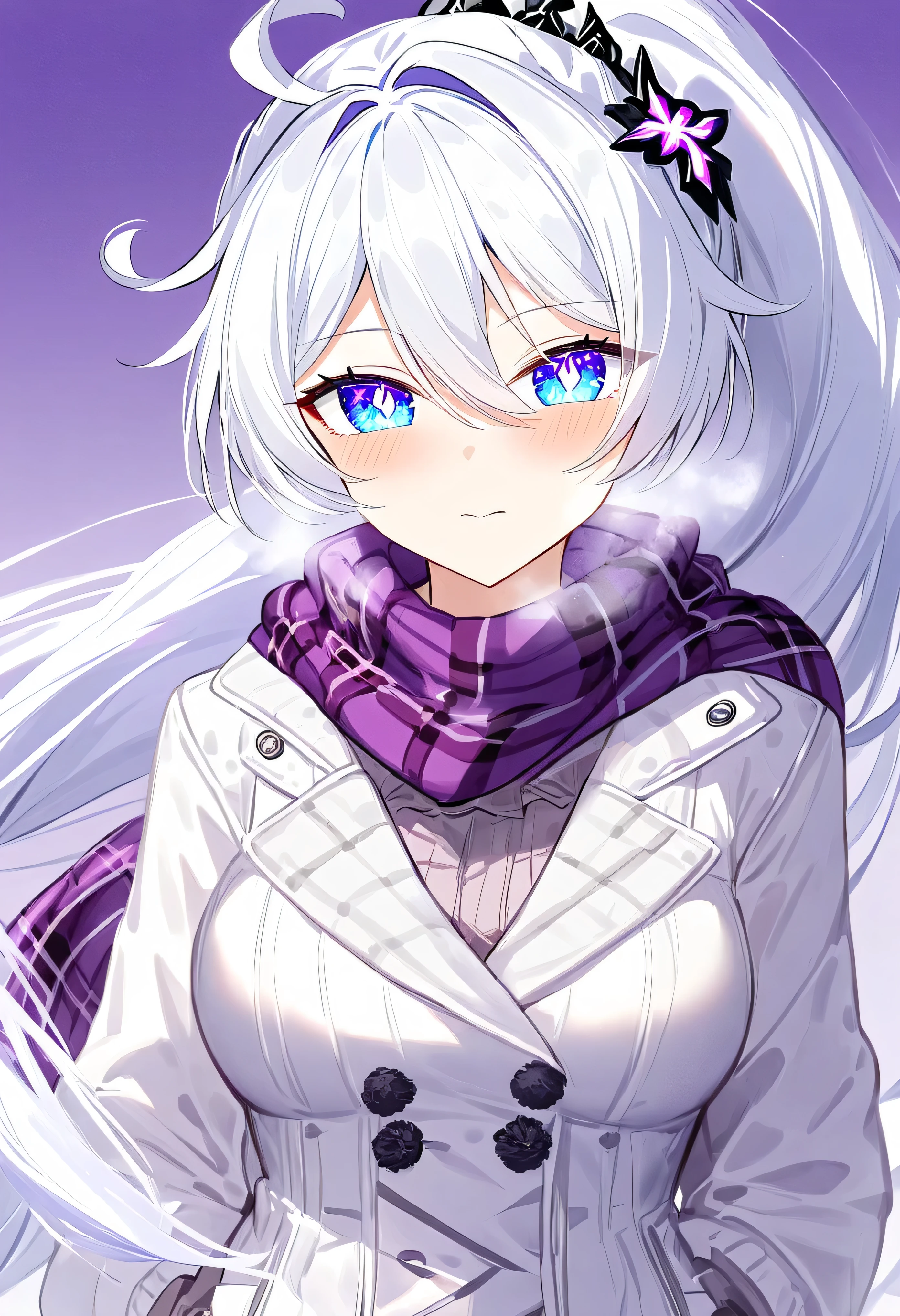 score_9, score_8_up, score_7_up, masterpiece, best quality, absurdres, vibrant, highly detailed, 1girl, adult grown woman, kiana kaslana \(honkai impact 3rd\), herrscher of finality, white hair, ahoge, ponytail, very long hair, blue eyes, symbol-shaped pupils, blush, closed mouth, heavy breathing, white overcoat, plaid purple scarf, casual winter fashion, half coming out from screen