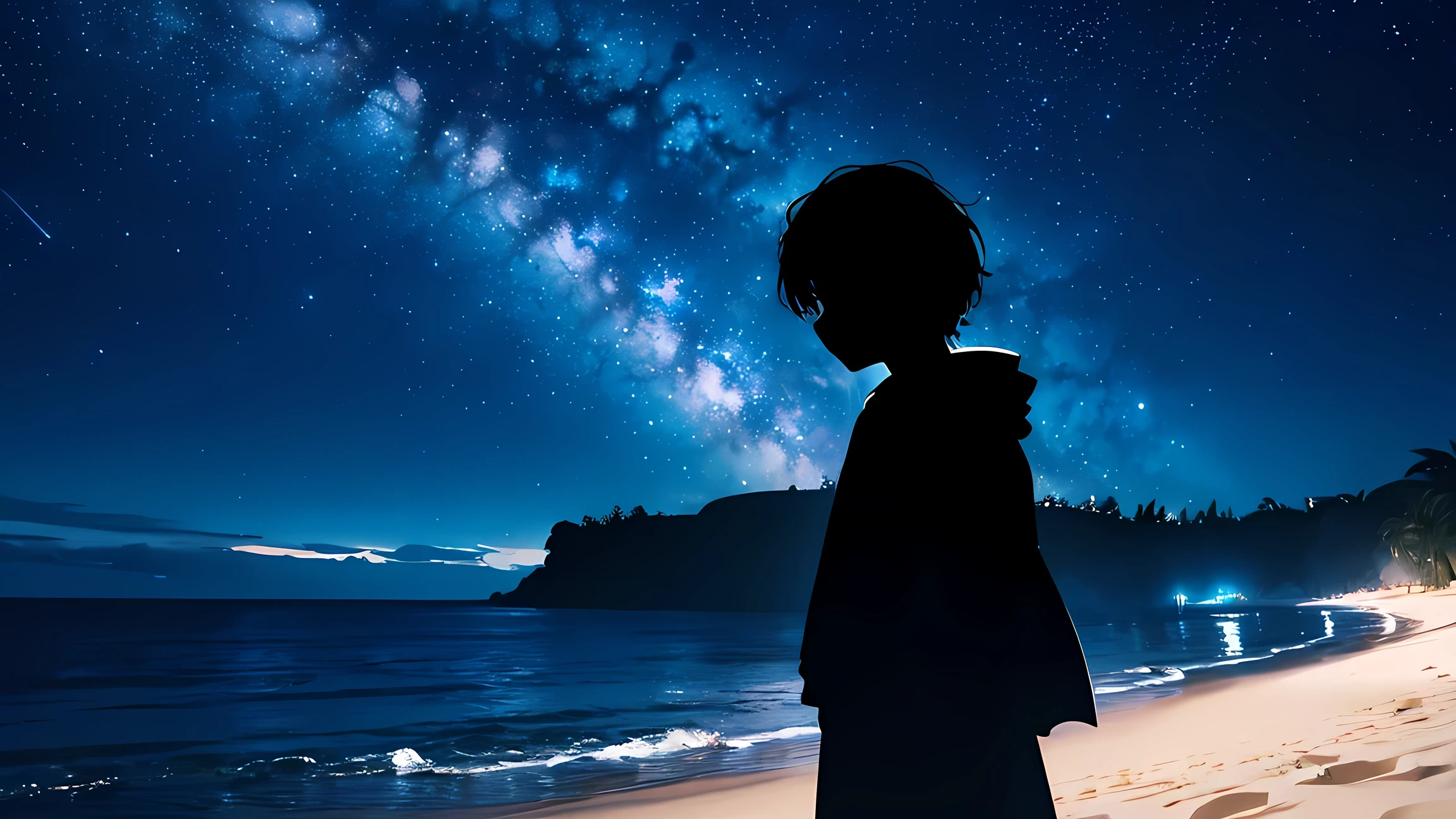 Anime、( Masterpiece :1.2),(Surprisingly bizarre :1.2), high definition , very detailed,Breathtaking creations, Starry Sky Themed Artwork、 White Sand Beach 、Man Watching Stars 、Black silhouette、((Travellers from Another World 、Cape))、Gazing at the sky、Beautiful Effects、Light Generation、shooting Star