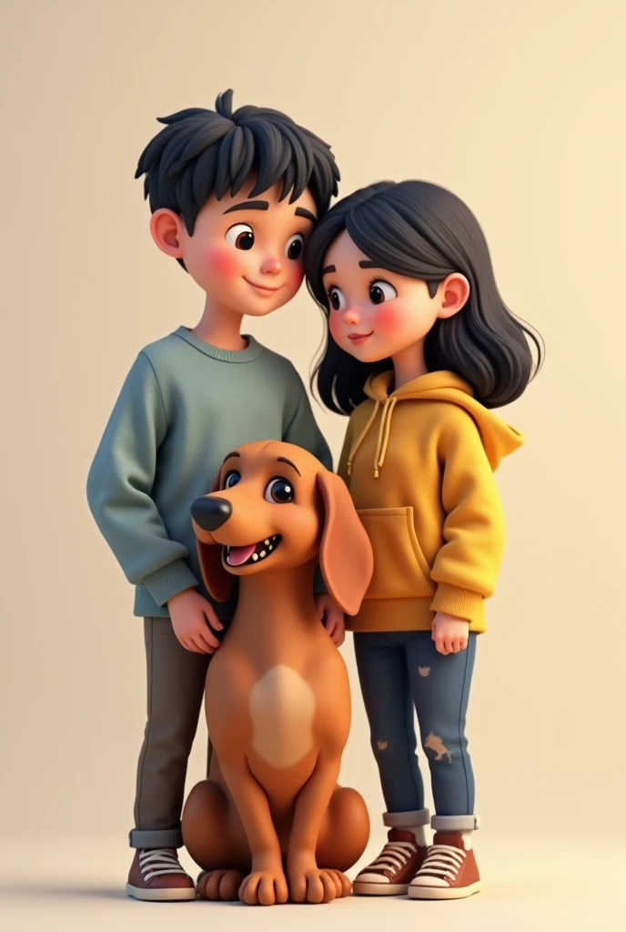 A 5'2 girl with a black hair and little bit of color red and glasses color pastwr blue and a 5'10 tall boy with a black hair and a shih tzu, cream ear and white fur named harvey