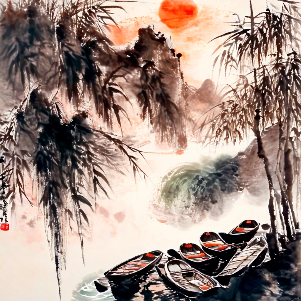 Ink Painting, ink and wash,painting \( medium\), traditional media ,watercolor\( medium\),scenery,mountain,waterfall,tree,sunset,,boat,Aerial View,very  wide shot, wide shot,the above,, (  Masterpiece , 最 High Quality ,  High Quality ,  high definition , ultra-detailed),