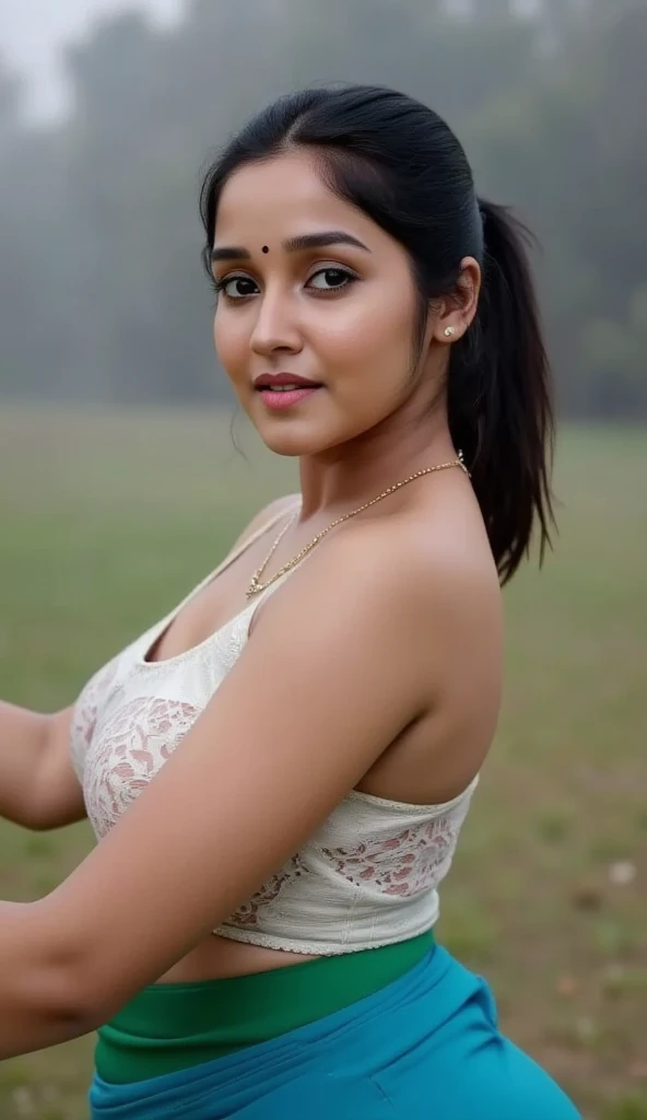 Side view, extreme long shot photo of sexy indian, look at viewer and subtle smile, curvy athletic figure, open arms, sexy armpits, sweating, doing push ups in fog, ponytail, necklace, white see through lace bra, blue and green  saree, glossy lips, (cinematic:1.3), intricate details, (ArtStation:1.2)