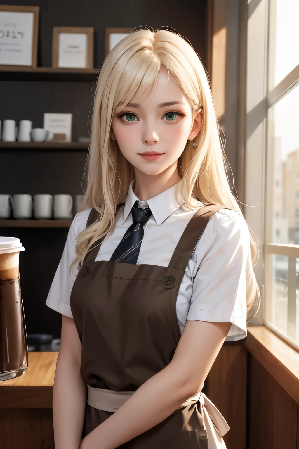 masterpiece, best quality, portrait, 1lady standing in coffee shop, solo, upper body, casual, long hair, minimal makeup, neck ribbon tie, Brown Apron coffee shop,  (smile:0.8),  looking forward, looking towards camera, front view, forward portrait, looking at camera portrait,  long light platinum blonde hair, bangs, green eyes, closed mouth, 