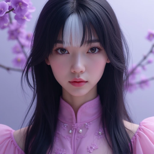 woman with long straight black hair with a white patch ,  clothes similar to Sakura's from the Naruto anime in pink and lilac , Brown eyes with realistic lilacs  