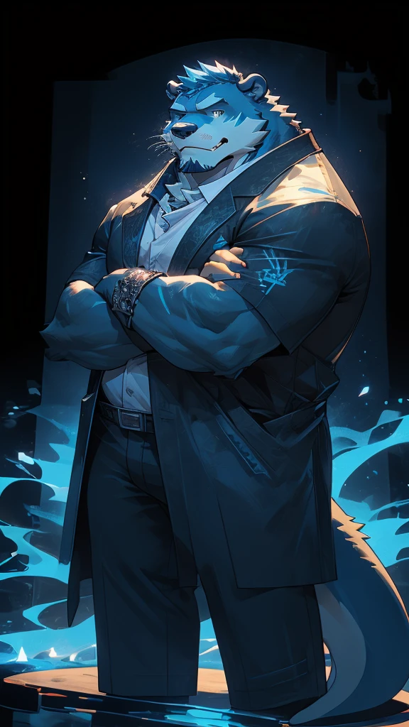 (anthropomorphic  otter, handsome middle-aged man, dad-bod, crossed-arms pose,bad ass blue hairs, smirk, beautiful detailed blue pupil eyes, highly detailed, cinematic lighting, hyper-realistic, 8k, masterpiece)chubby and fat belly,huge body,massive body,blue hair belly,blue scar in the stomach,345'5 tall,strong,cool poses,[clothes/outfit:cool black coat (blue patterns),cool black pant],background:blue field with some blue glowing flowers