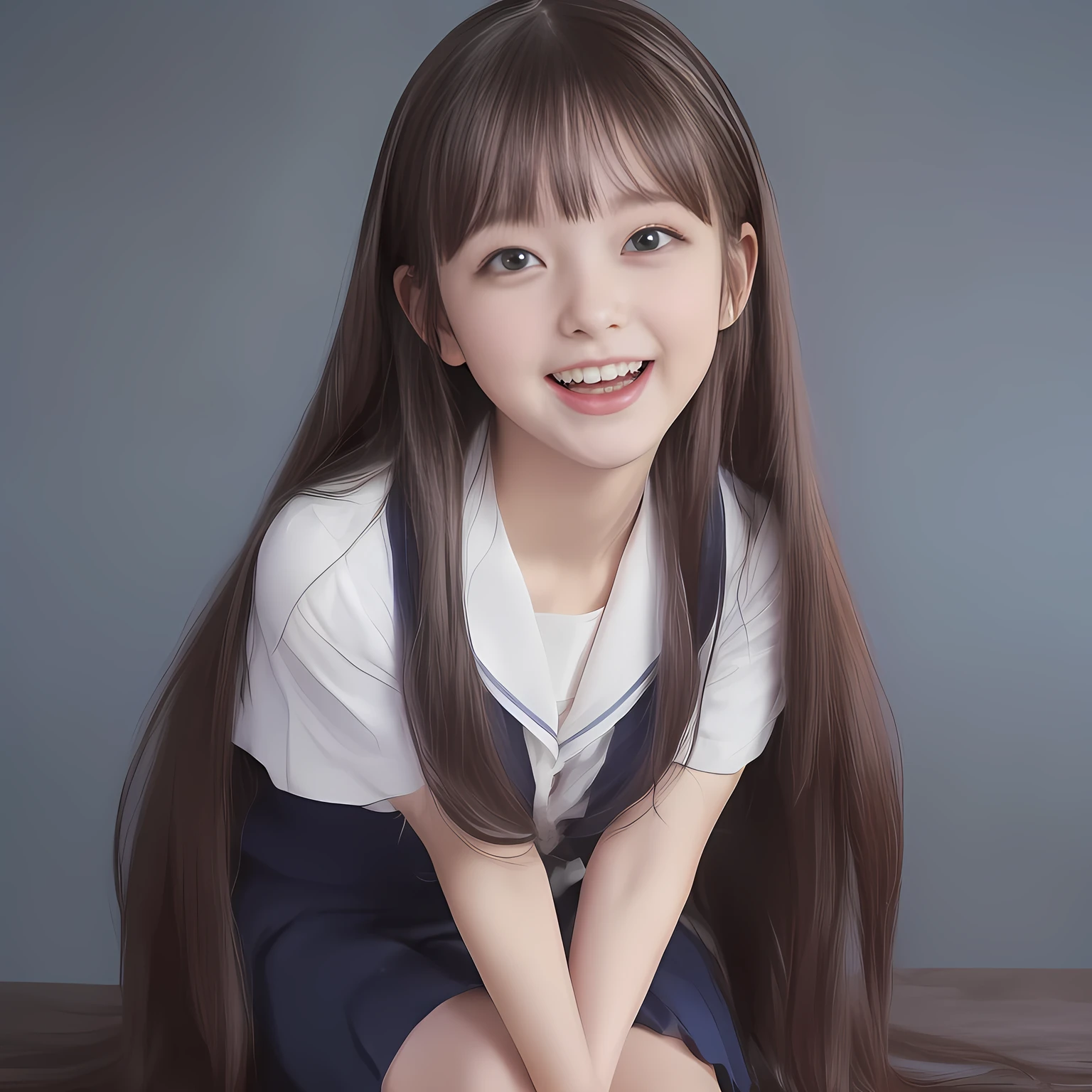 (Highest quality, masterpiece:1.2), Highest quality, High resolution, 1080P, 8k, (Two 14yo Japanese beautiful girl idols are seated and giving strong subliminal sexual invitation and temptation, undressing navy uniform, cute skirt with beautiful knees, looking at the viewer, can't stop showing cute smile open mouth because of feeling too funny about the viewer, very white-white face, very proud of her long straight black hair, using face-whitening cosmetics, 14yo girl's eyes, opened laughing giggling most open mouth, too expensive navy sailor-styled school uniform, well-straitened super-long well-trimmed long hair, evenly neatly trimmed girly cute bangs: 1.5), (Laughing blushed cheeks with dimples), (Well-balanced, impressive, very intelligent, double-eyelids, black shining large eyes of 14yo young idol with detailed: 1.5), ((Beautiful well-figured glossy opened laughing lips: 1.2)), (mature breast), (The viewer can't stop madly kissing them because of her beauty and subliminal strong invitation), (Very beautiful, super-glossy, cute neat black amazingly long hair, straight well-done long hair-style: 1.3), (plain blue background: 1.6), (((Completely balanced beautiful big cool eyes, looking coldly at me!: 1.3))), (eyes, face and hair are especially beautifully detailed and beautifully drawn: 1.5), (The soft white light clearly shows her face extremely white: 1.2), (the viewer become crazy and can't stop bursting and running every liquid to her body: 1.7), (School uniform, too-cute slender 14yo super-long-hair Japanese beautiful-young-girl idol twins are laughing at me and undressing me, super-widely open laughing mouth, everything is girly, neat and too beautiful: 1.6), (Super long hair 14yo super-cute-face navy-sailor-suit school-uniform pretty young idol of school idol photo magazine, is undressing the viewer, height: 158cm: 2.1), (Inevitable subliminal invitation and temptation to the eternal deep deep unreal pleasure world of uniforms: 2.0)