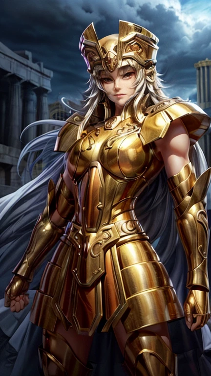 Gemini Armor, gold armor,1girl, armor, Dramatic skies, looking at the audience, armor, Shut up, Upper Body, Serious, helmet, On the Greek temple bridge, whole body.  boots,Solo, Smile, Red Eyes, White long Hair, High Resolution, Masterpiece, High Details, High Quality, Super Detailed, Best Quality, huge boobs, feminisme, sexy, full body, The atmosphere is dramatic and cinematic, with soft, diffused lighting and a sense of quiet power and mystery." Highly detailed, photographic, full body, Athena temple, Belly appear, huge boobs, highly detailed, dynamic pose, realistic hair
