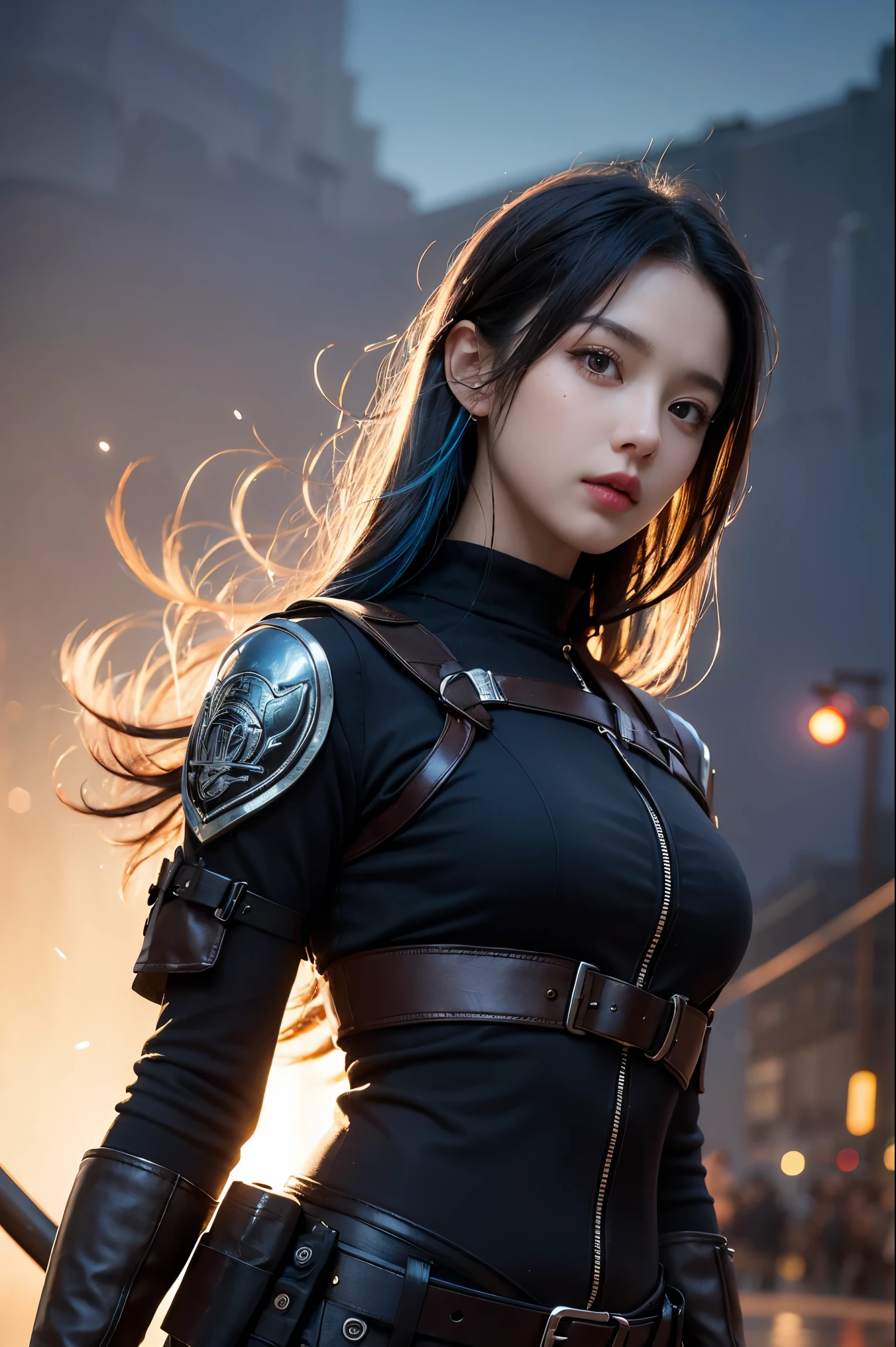 Photorealistic, high resolution, 1womanl, Solo, Hips up, view the viewer, (Detailed face), blue hair, SWAT vests, jewelry, battlefield outfit, metelic silver outfit, battlefield looking, battlefield background, attractive pose,