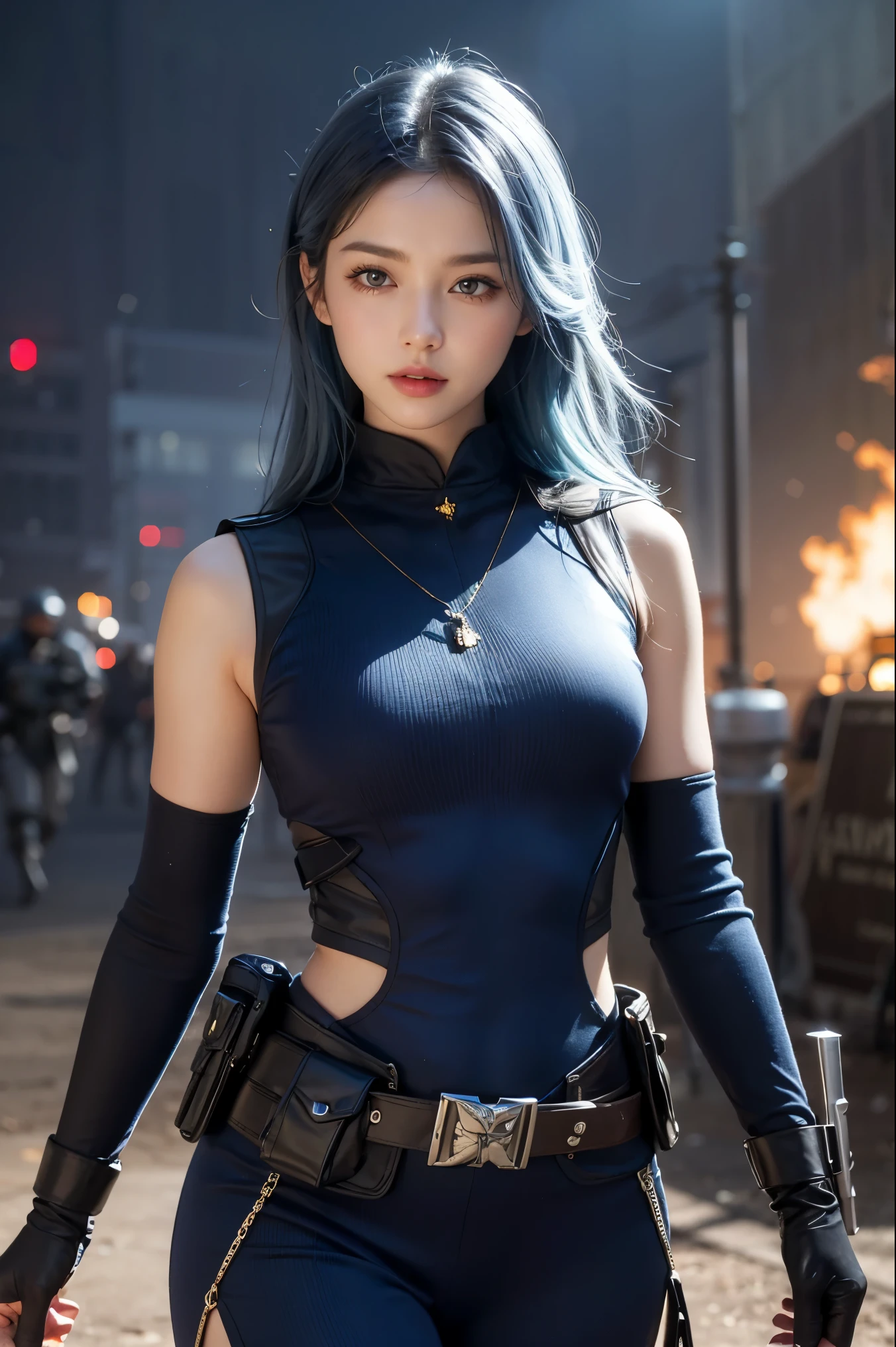 Photorealistic, high resolution, 1womanl, Solo, Hips up, view the viewer, (Detailed face), blue hair, SWAT vests, jewelry, battlefield outfit, metelic silver outfit, battlefield looking, battlefield background, attractive pose,