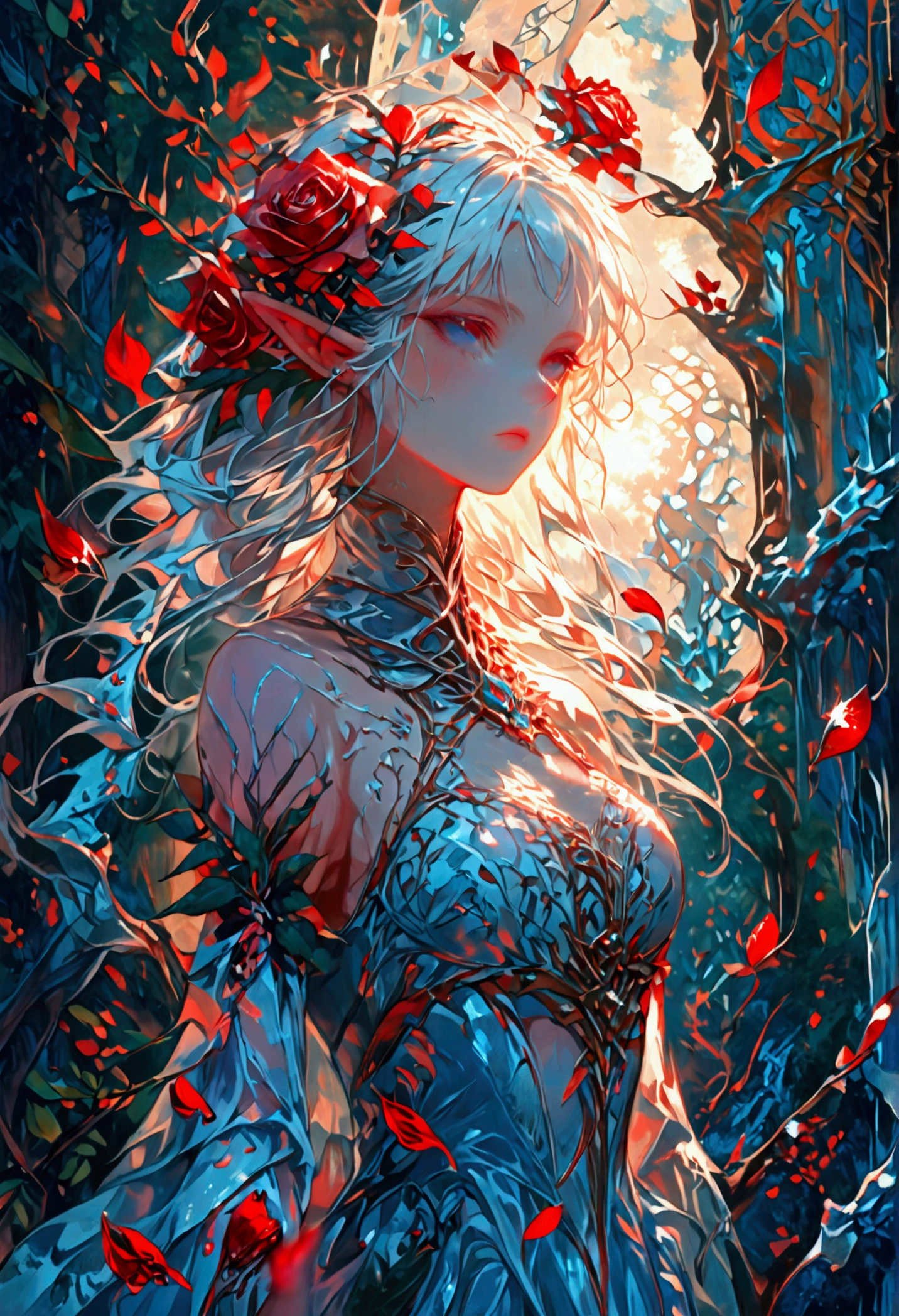 score_9, score_8_up, score_7_up, score_6_up, score_5_up, score_4_up, anime comic illustration fantasy art, red petals falling from the sky on an ice statue of an a beautiful female elf standing in forest, cloud of red petals swirling around the ice statue, full body statue made from ice, beautiful elf, long icy hair strands, wearing icy dress, epic flowing (red petals: 1.3), swirling rose petals, fantasy forest background, it is dawn the sun rays reflect on the ice statue, sun rays hit the rose petals, ((high contrast: 1.5), [[anatomically correct]], high details, best quality, 8k, [ultra detailed], masterpiece, best quality, (extremely detailed), dynamic angle, intricate details