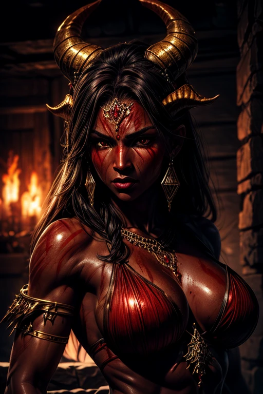 ((rough red skin)), rock texture, adult female, toned body, very dark hair, ((detailed face)), photorealistic, fantastic, large eyes, strong arms, shiny skin, deep red, demonic skin, golden jewelry, fur, horns, dynamic pose, medium shot.