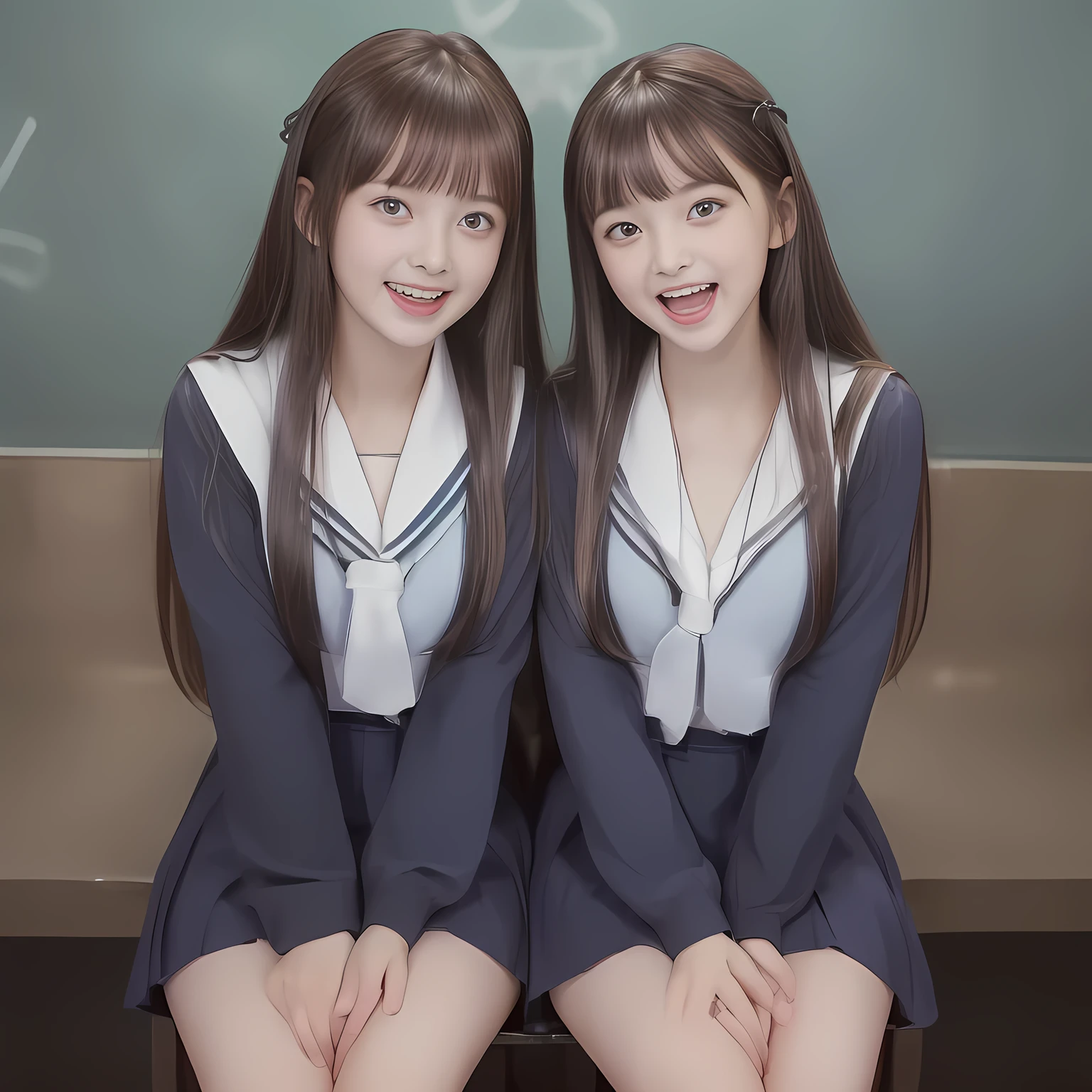 (Highest quality, masterpiece:1.2), Highest quality, High resolution, 1080P, 8k, (Two **** Japanese beautiful girl idols are seated and giving strong subliminal sexual invitation and temptation, undressing navy uniform, cute skirt with beautiful knees, looking at the viewer, can't stop showing cute smile open mouth because of feeling too funny about the viewer, very white-white face, very proud of her long straight black hair, using face-whitening cosmetics, **** girl's eyes, opened laughing giggling most open mouth, too expensive navy sailor-styled school uniform, well-straitened super-long well-trimmed long hair, evenly neatly trimmed girly cute bangs: 1.5), (Laughing blushed cheeks with dimples), (Well-balanced, impressive, very intelligent, double-eyelids, black shining large eyes of **** young idol with detailed: 1.5), ((Beautiful well-figured glossy opened laughing lips: 1.2)), (mature breast), (The viewer can't stop madly kissing them because of her beauty and subliminal strong invitation), (Very beautiful, super-glossy, cute neat black amazingly long hair, straight well-done long hair-style: 1.3), (plain blue background: 1.6), (((Completely balanced beautiful big cool eyes, looking coldly at me!: 1.3))), (eyes, face and hair are especially beautifully detailed and beautifully drawn: 1.5), (The soft white light clearly shows her face extremely white: 1.2), (the viewer become crazy and can't stop bursting and running every liquid to her body: 1.7), (School uniform, too-cute slender **** super-long-hair Japanese beautiful-young-girl idol twins are laughing at me and undressing me, super-widely open laughing mouth, everything is girly, neat and too beautiful: 1.6), (Super long hair **** super-cute-face navy-sailor-suit school-uniform pretty young idol of school idol photo magazine, is undressing the viewer, height: 158cm: 2.1), (Inevitable subliminal invitation and temptation to the eternal deep deep unreal pleasure of school uniforms: 2.0)