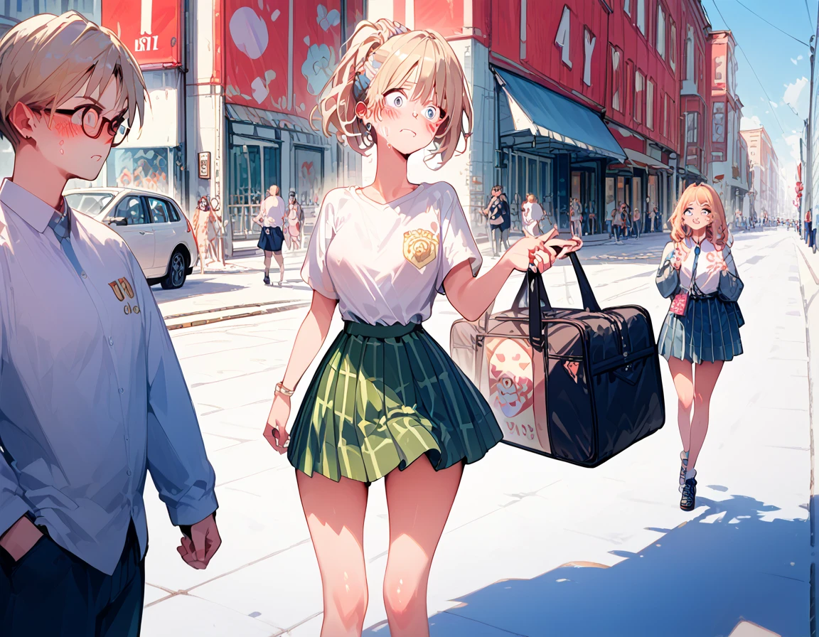 Main Street,Completely naked, blush, embarrassing expression, exhibitionist schoolgirl in the middle of a big city,In the middle of a big city,A large number of people々It has been sighted by,Completely naked,shame