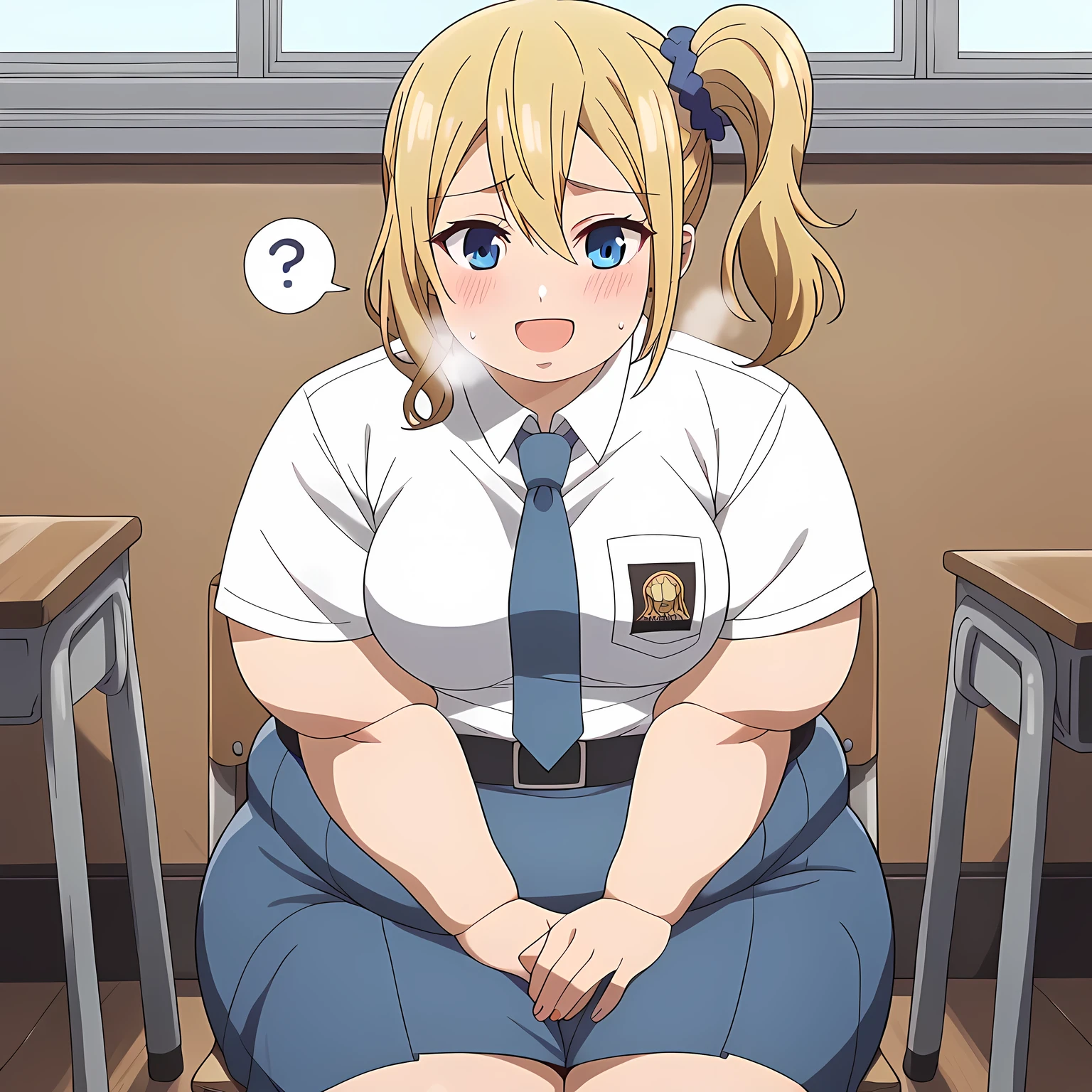 ((masterpiece)),(best quality),official art,extremely detailed CG,unity 8k wallpaper,ultra detailed,beautiful detailed eyes,extremely detailed face,classroom,1girl,solo,upper body,(portrait:1.5),looking at viewer,facing viewer,sleepy,half-closed eyes,deadpan,ahoge,very_long_hair,blonde_hair,messy_hair,sidelocks,purple_eyes,pink_hoodie,red_bowtie,collared_shirt,white_shirt,small_breasts,red_skirt,pleated_skirt,plaid_skirt,black_socks,uwabaki, standing, smile, blush, solo, 1girl, SSBBW Gabriel Tenma White, big cheeks, ssbbw, severely obese, 600lbs obese female, no pupils, ultra detailed, masterpiece, best quality, aesthetic, detailed, Fluffy and Fat Face, Big Butt, Big Cheeks, Obese Body, Sexy, Obese Girl, Happy, Cute Expression, Very Hot, bbwchan, nsfw art, manhwa, oppai proportions, she has a jiggly fat round belly, body swelling about to explode, thicc, with a large breasts, doujin, very thick thighs, obese arms, obese belly, big cheeks, Slob body
