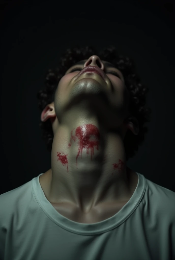 (portrait) A curly-haired man with bandages, scratches and cuts on his neck, wearing a hospital gown and bandages on his wrists
