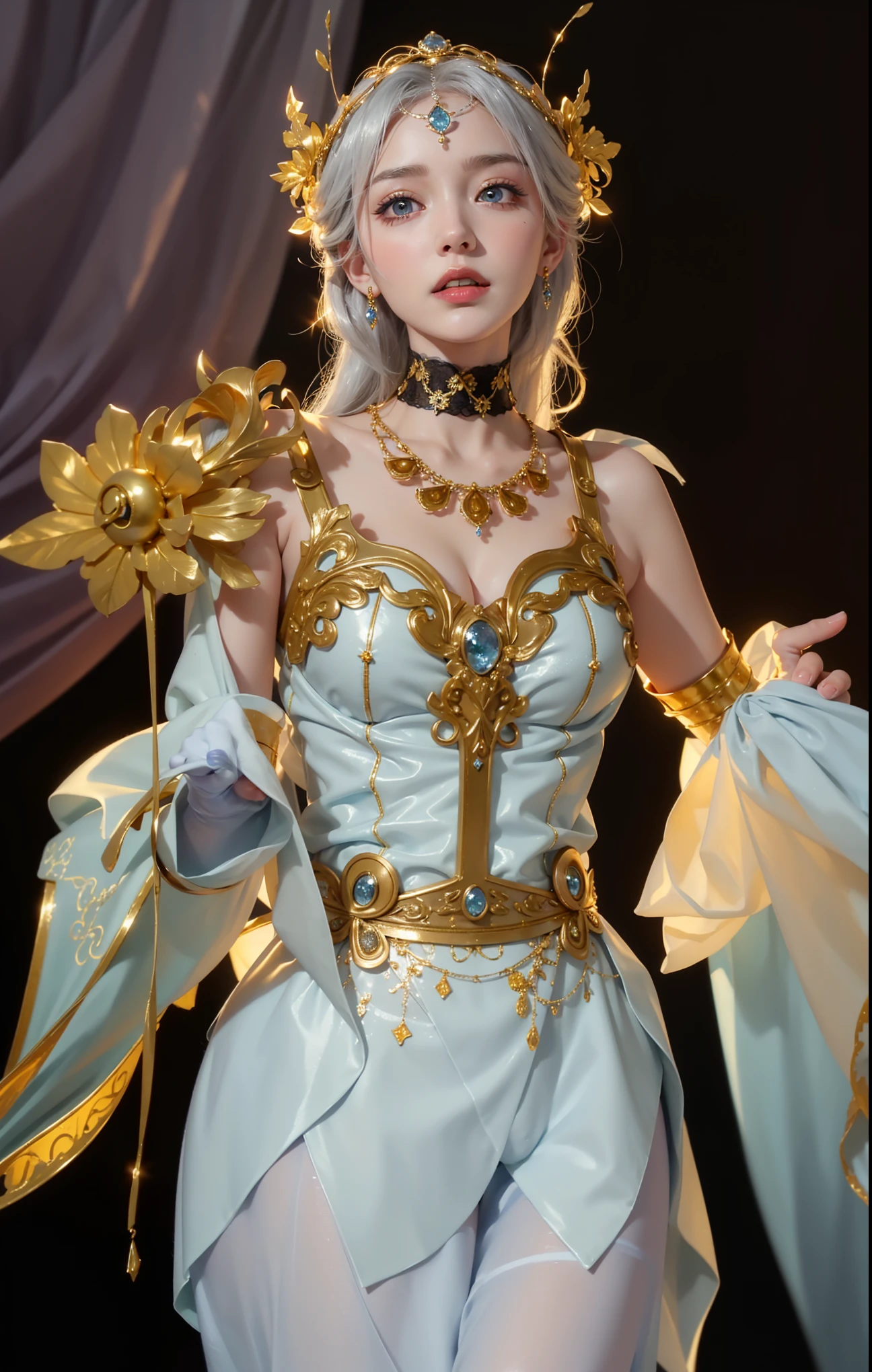 (1mechanical girl:1.4),weapon,sword,holding sword,architecture,east asian architecture,white hair,very long hair,detached sleeves,solo,holding weapon,holding,outdoors,walking,Red Long Dress,turn head,(turn your head to look at viewer:1.3),leaning back,standing,pose,Killer,(Left shoulder not exposed:1.4),(Exposed right shoulder:1.4),Gorgeous Headwear,Gorgeous decoration,More decorative details,(Gorgeous sword:1.1),Gold decoration,.(Mechanical:1.2),Cyberpunk,reinvention,((ultra realistic details)),portrait,octane render,detailed face,global illumination,ornaments detailed,egypician detail,highly intricate details,realistic light,trending on cgsociety,glowing eyes,neon details,(machanical limbs:1.2),(mechanical spine:1.4),Metal,, (8k, 4k, best quality, highres:1.1),realistic,photorealistic,magazine cover,(illustration),(masterpiece),detailed,clear sharp focus,cinematiclighting,(realistic, photo-realistic:1.1),beautiful face,intricate,highly detailed,digital photography,(masterpiece, sidelighting, finely detailed beautiful eyes:1.2),hdr,physically-based rendering,professional lighting,.