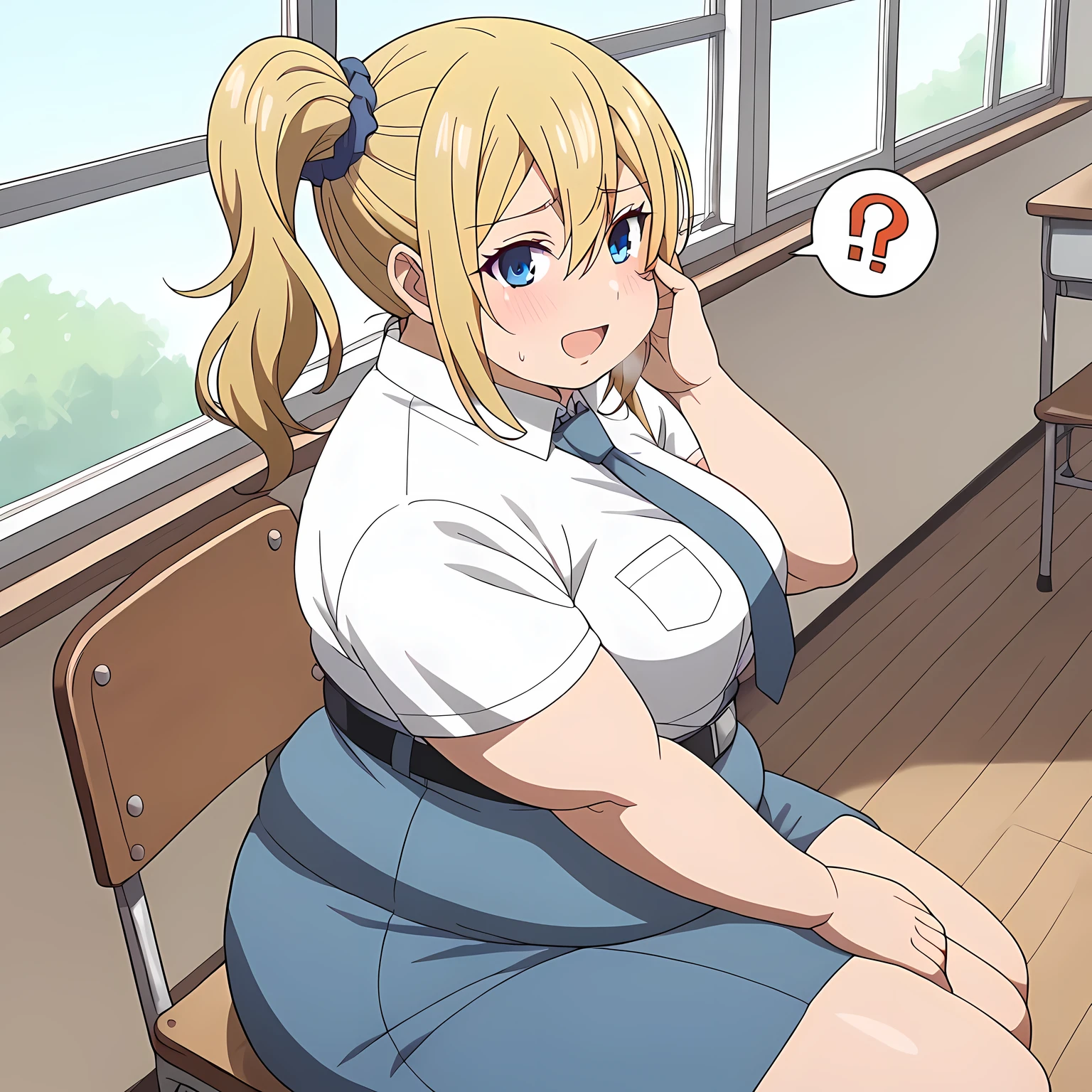 score_9, score_8_up, score_7_up, solo,1girl,ai hayasaka, bangs, blue eyes, blonde hair, hair ornament, hair between eyes, sidelocks, side ponytail, scrunchie, hair scrunchie, blue scrunchie, medium breasts, tucked in sma shirt, sma necktie, sma belt, sma skirt, sma shirt, sma skirt, inside classroom, windows, chair, tables thighs, looking at viewer, smile, sunligth, sit on chair, socks, hands between thighs, anime screencrap, dutch shot swollen face, fat, chubby, obese, open mouth, out of breath, absurdres, highres icon, rating:General, confused, blush, spoken question mark, {flustered}, nervous sweating, portrait, pov hands, hand on another's cheek, averting eyes, [looking away], straight-on, from above,  upper body, masterpiece, best quality, ultra-detailed, high resolution, 8K, absurdres, highres icon, from side