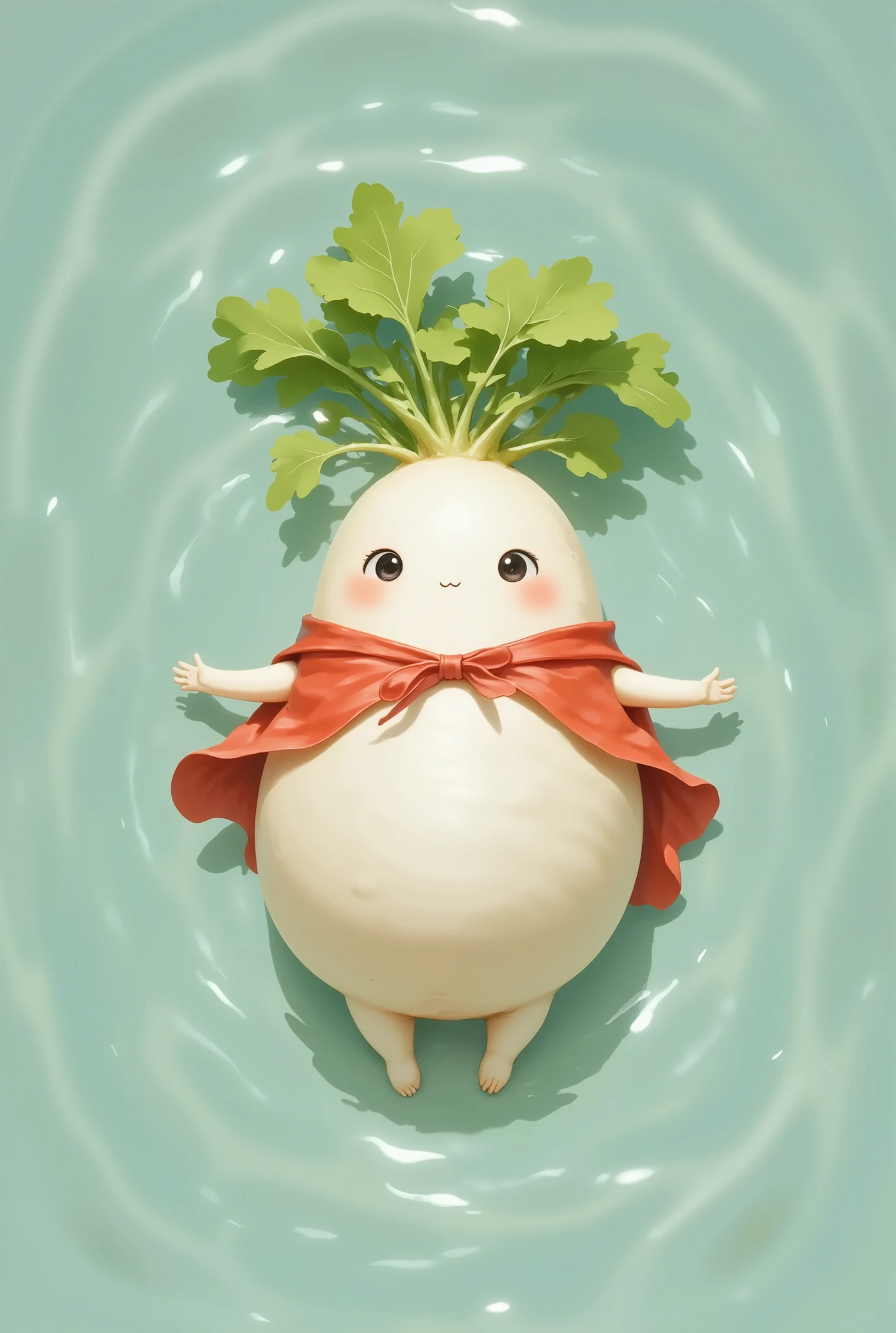 daikon, chibi style, 2D artwork, sticker style, top down shot, a daikon wearing red cloak, cute face, big eyes, blushed face, silly expression, no limbs, smooth skin texture, daikon skin, daikon lying and floating on a river, vibrant color, intricate water surface surround, wave on water