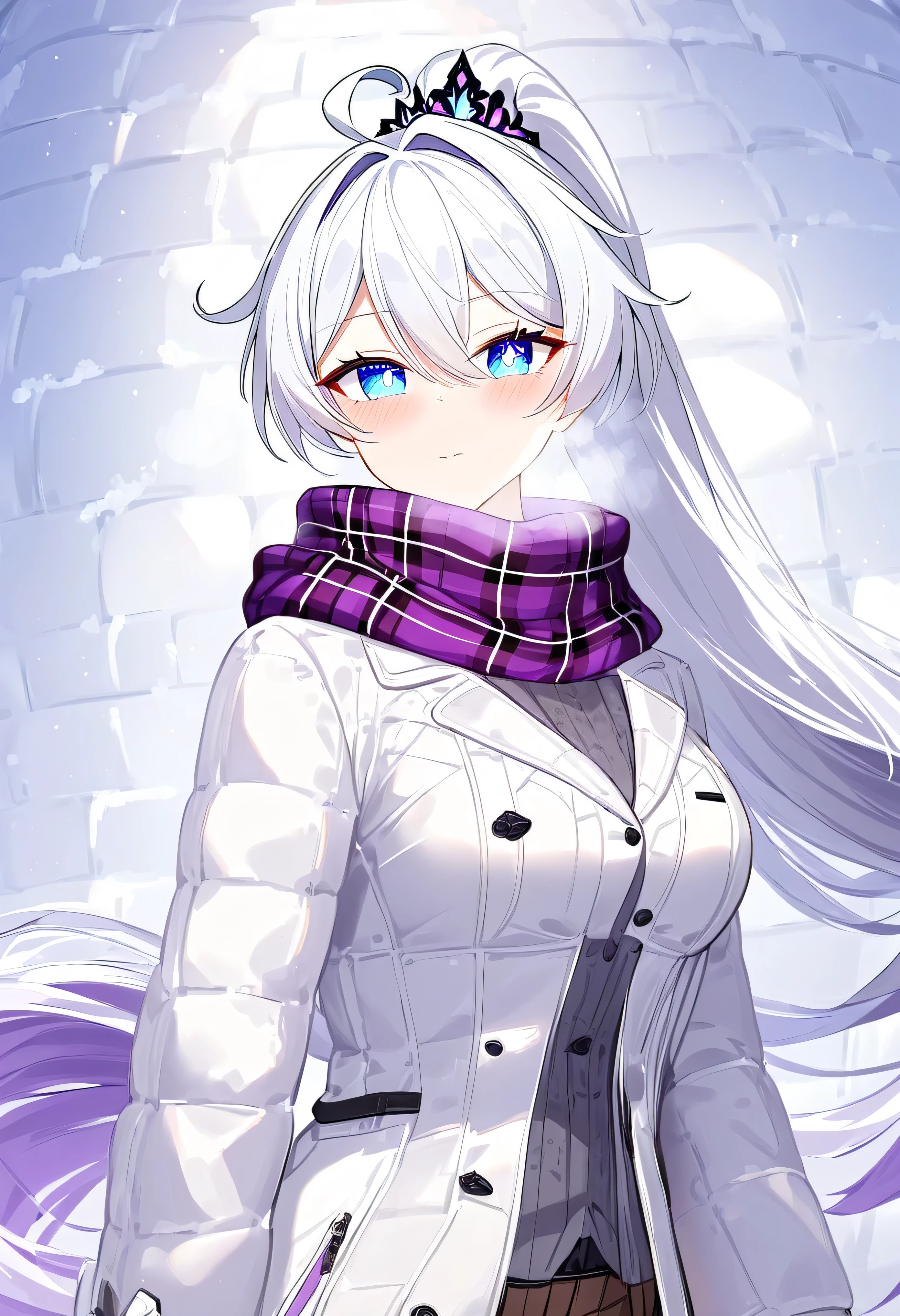 score_9, score_8_up, score_7_up, masterpiece, best quality, absurdres, vibrant, highly detailed, 1girl, adult grown woman, kiana kaslana \(honkai impact 3rd\), herrscher of finality, white hair, ahoge, ponytail, very long hair, blue eyes, symbol-shaped pupils, blush, closed mouth, heavy breathing, white overcoat, plaid purple scarf, casual winter fashion, indoor, igloo