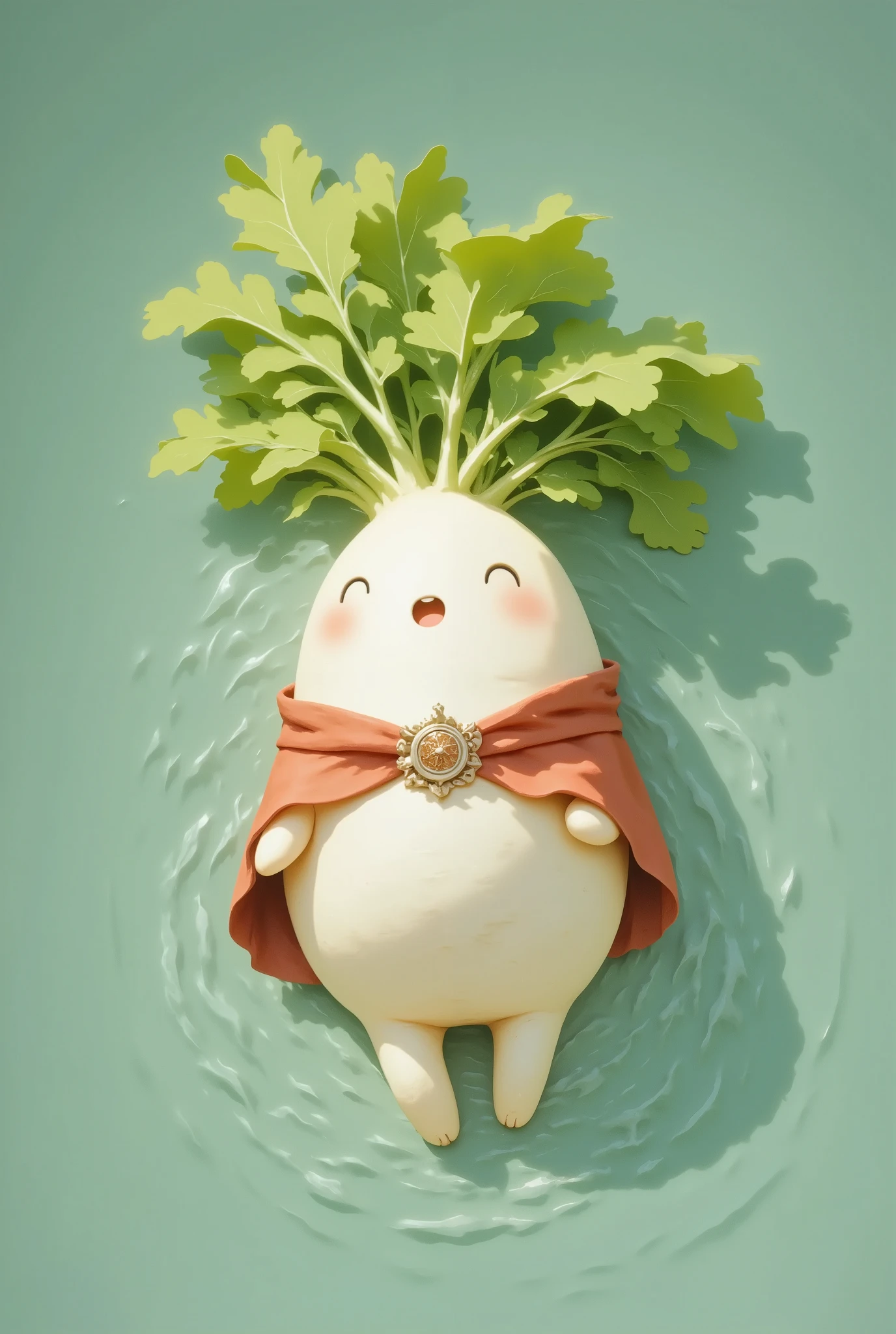 daikon, chibi style, 2D artwork, sticker style, top down shot, a daikon wearing red cloak, cute face, big eyes, blushed face, silly expression, no limbs, smooth skin texture, daikon skin, daikon lying and floating on a river, vibrant color, intricate water surface surround, wave on water