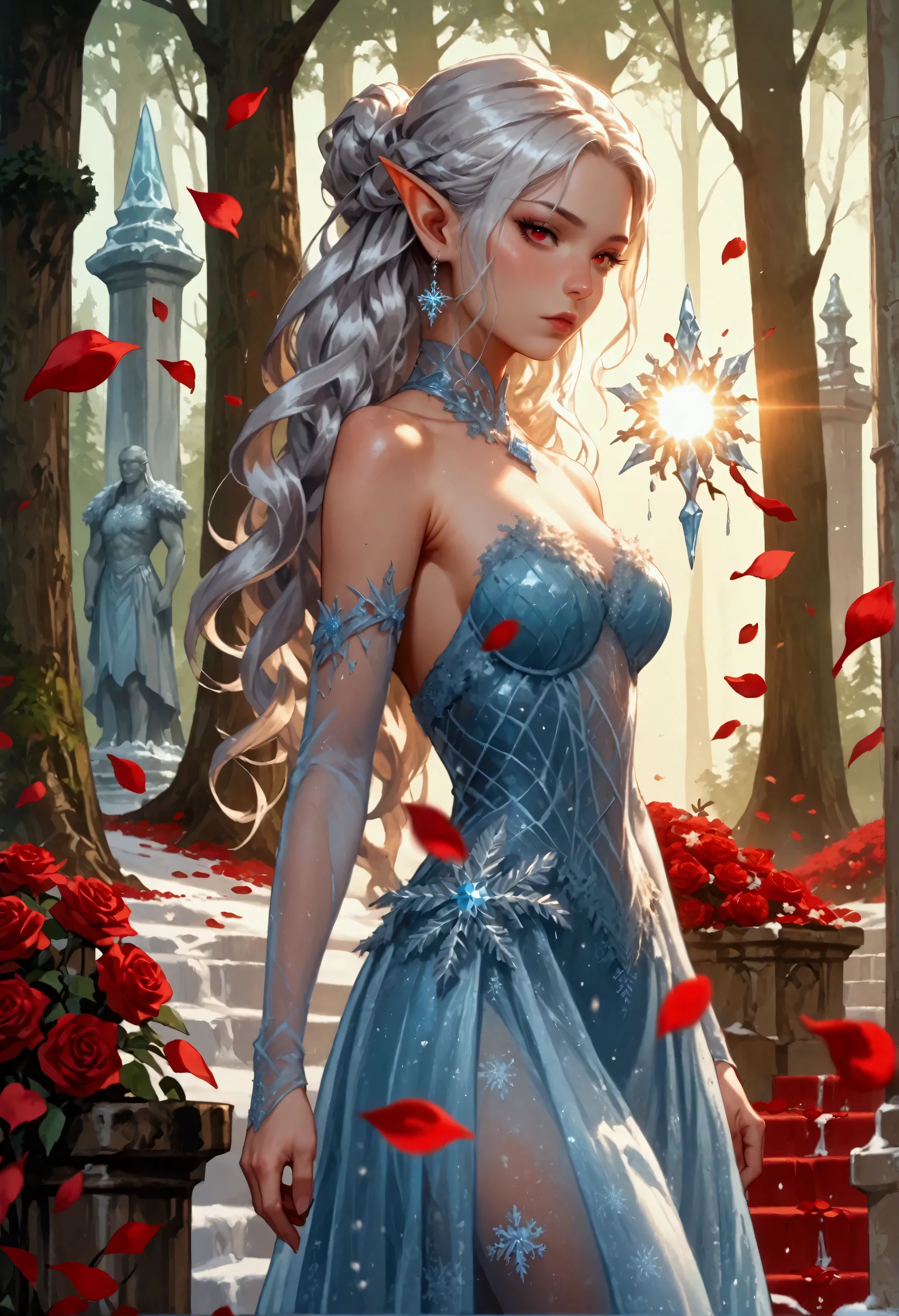 score_9, score_8_up, score_7_up, score_6_up, score_5_up, score_4_up, anime comic illustration fantasy art, red petals falling from the sky on an ice statue of an a beautiful female elf standing in forest, cloud of red petals swirling around the ice statue, full body statue made from ice, beautiful elf, long icy hair strands, wearing icy dress, epic flowing (red petals: 1.3), swirling rose petals, fantasy forest background, it is dawn the sun rays reflect on the ice statue, sun rays hit the rose petals, ((high contrast: 1.5), [[anatomically correct]], high details, best quality, 8k, [ultra detailed], masterpiece, best quality, (extremely detailed), dynamic angle, ice dress