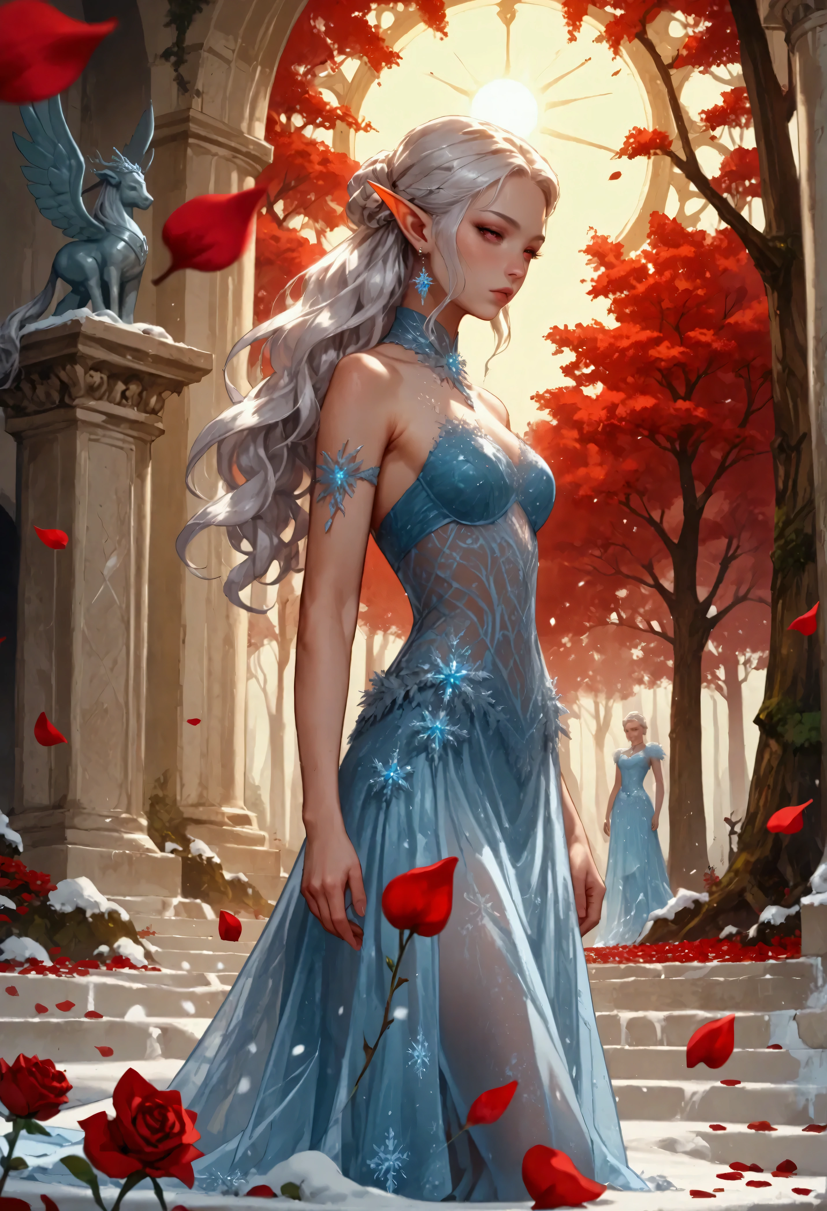 score_9, score_8_up, score_7_up, score_6_up, score_5_up, score_4_up, anime comic illustration fantasy art, red petals falling from the sky on an ice statue of an a beautiful female elf standing in forest, cloud of red petals swirling around the ice statue, full body statue made from ice, beautiful elf, long icy hair strands, wearing icy dress, epic flowing (red petals: 1.3), swirling rose petals, fantasy forest background, it is dawn the sun rays reflect on the ice statue, sun rays hit the rose petals, ((high contrast: 1.5), [[anatomically correct]], high details, best quality, 8k, [ultra detailed], masterpiece, best quality, (extremely detailed), dynamic angle, ice dress