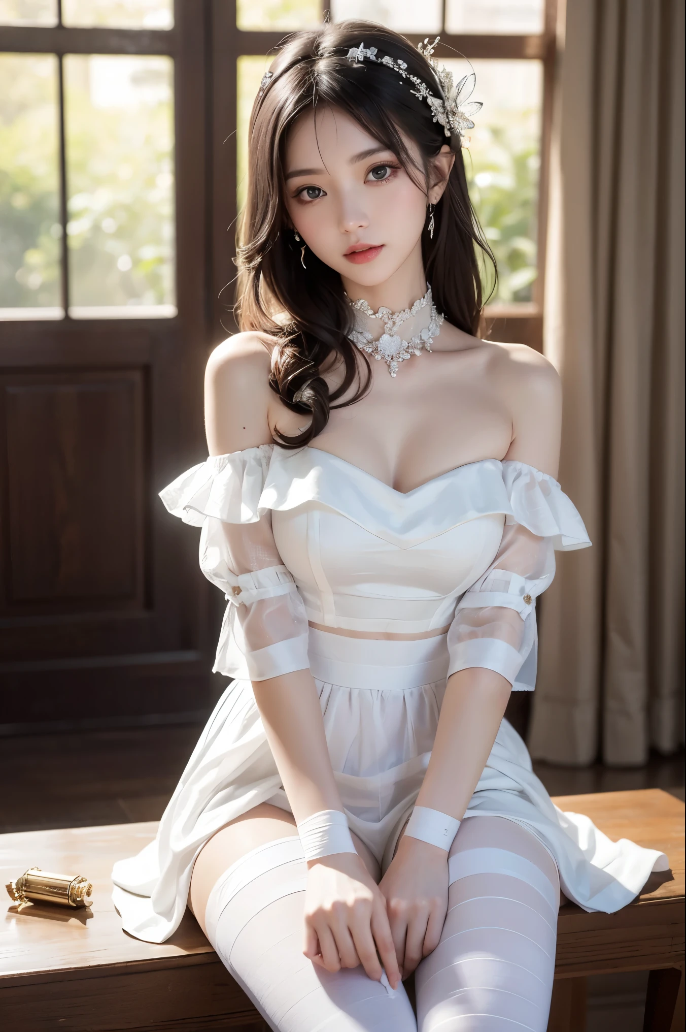 (best quality:1.3), (masterpiece:1.3), (illustration:1.3), (ultra-detailed:1.3), 1girl, solo, white hair, long hair, (((gray eyes, bandage over one eye,))) white dress, suspenders, bare shoulders, detached sleeves, sleeves past fingers, gradient leggings, black pantyhose, hair ornament, x hair ornament, indoors, sitting, close up,