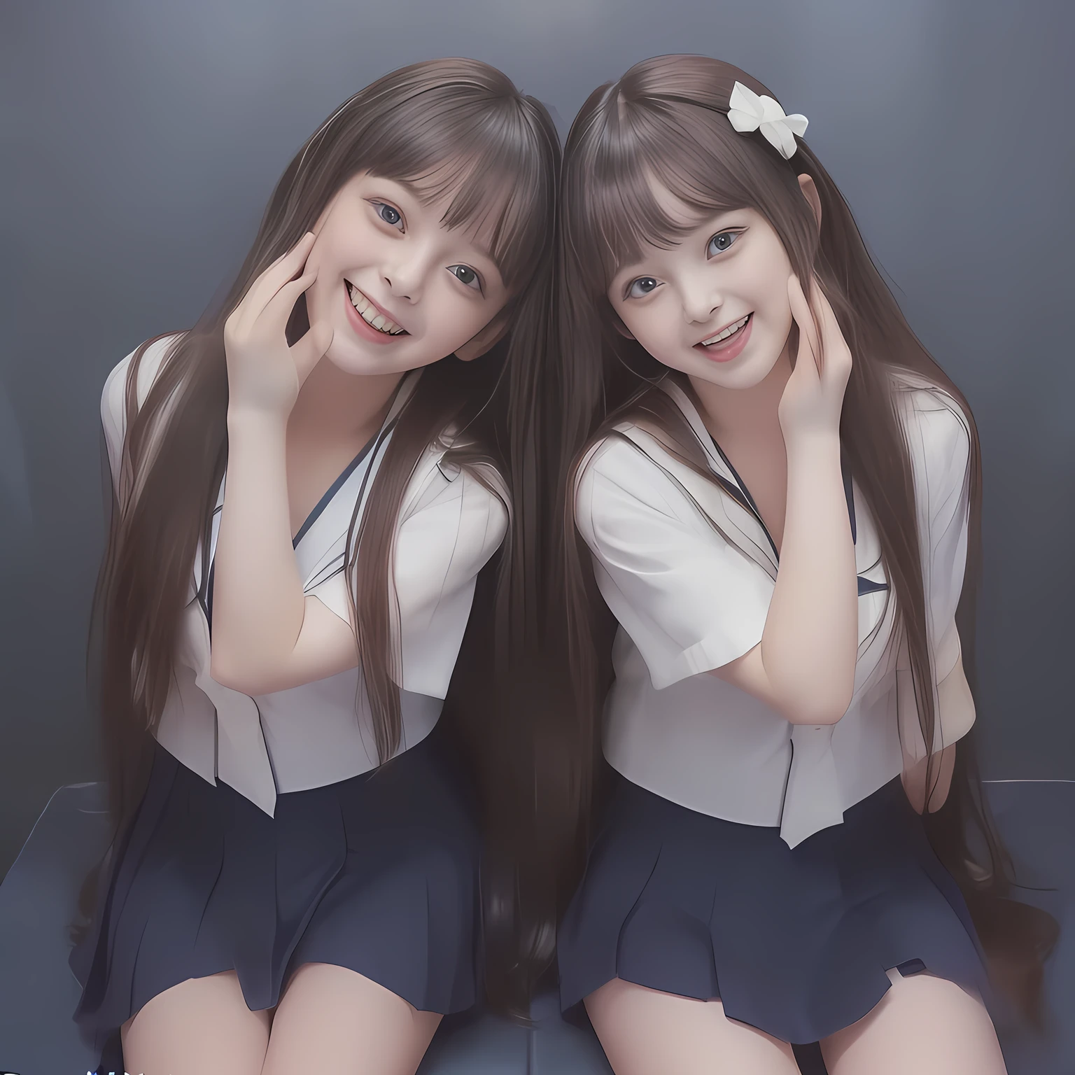 (Highest quality, masterpiece:1.2), Highest quality, High resolution, 1080P, 8k, (Two 14yo Japanese beautiful girl idols are seated and giving strong subliminal sexual invitation and temptation, undressing navy uniform, cute skirt with beautiful knees, looking at the viewer, can't stop showing cute smile open mouth because of feeling too funny about the viewer, very white-white face, very proud of her long straight black hair, using face-whitening cosmetics, 14yo girl's eyes, opened laughing giggling most open mouth, too expensive navy sailor-styled school uniform, well-straitened super-long well-trimmed long hair, evenly neatly trimmed girly cute bangs: 1.5), (Laughing blushed cheeks with dimples), (Well-balanced, impressive, very intelligent, double-eyelids, black shining large eyes of 14yo young idol with detailed: 1.5), ((Beautiful well-figured glossy opened laughing lips: 1.2)), (mature breast), (The viewer can't stop madly kissing them because of her beauty and subliminal strong invitation), (Very beautiful, super-glossy, cute neat black amazingly long hair, straight well-done long hair-style: 1.3), (plain blue background: 1.6), (((Completely balanced beautiful big cool eyes, looking coldly at me!: 1.3))), (eyes, face and hair are especially beautifully detailed and beautifully drawn: 1.5), (The soft white light clearly shows her face extremely white: 1.2), (the viewer become crazy and can't stop bursting and running every liquid to her body: 1.7), (School uniform, too-cute slender 14yo super-long-hair Japanese beautiful-young-girl idol twins are laughing at me and undressing me, super-widely open laughing mouth, everything is girly, neat and too beautiful: 1.6), (Super long hair 14yo super-cute-face navy-sailor-suit school-uniform pretty young idol of school idol photo magazine, is undressing the viewer, height: 158cm: 2.1), (Inevitable subliminal invitation and temptation to the eternal deep deep unreal pleasure of girl's voices: 2.0)