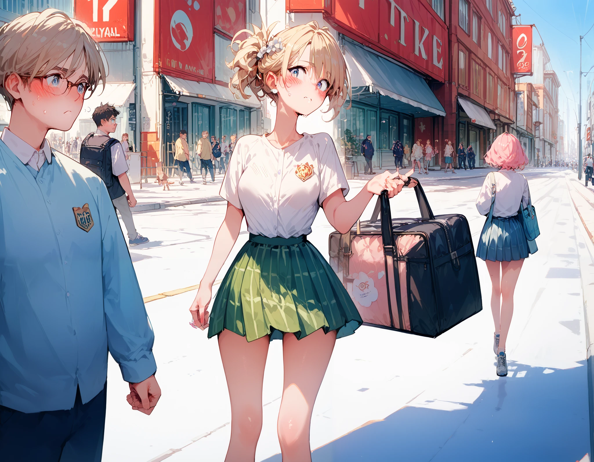 Main Street,Completely naked, blush, embarrassing expression, exhibitionist girl in the middle of a big city,In the middle of a big city,A large number of people々It has been sighted by,Completely naked,shame