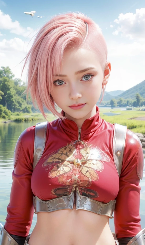 masterpiece, best quality, (realistic,photo-realistic:1.4), (RAW photo:1.2), extremely detailed CG unity 8k wallpaper, delicate and beautiful, amazing, finely detail,official art, absurdres, incredibly absurdres, huge filesize, ultra-detailed, extremely detailed, extremely detailkcaled girl,extremely detailed eyes and face, light on face,little smiles,(buzz-cut hair:1.7),(pink hair:1.3),(nature background:1.4),haruno sakura,(armor:1.5),(teen girl:1.3)