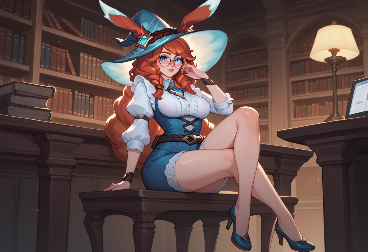 score_9, score_8_up, score_7_up, Aurora (league of legends), 1 girl, blue eyes, bunny ears, red hair, freckles, round glasses, sexy, full body, squinty eyes, blue shorts, brown belt, earrings, long eyelashes, sexy, big bust, pretty face, witch hat, in a park at night, secretary clothes, lusty, fluffy body, indoors, sitting, sweating, white Lolita hood, in the library, sitting, thighs, (she is standing), breasts