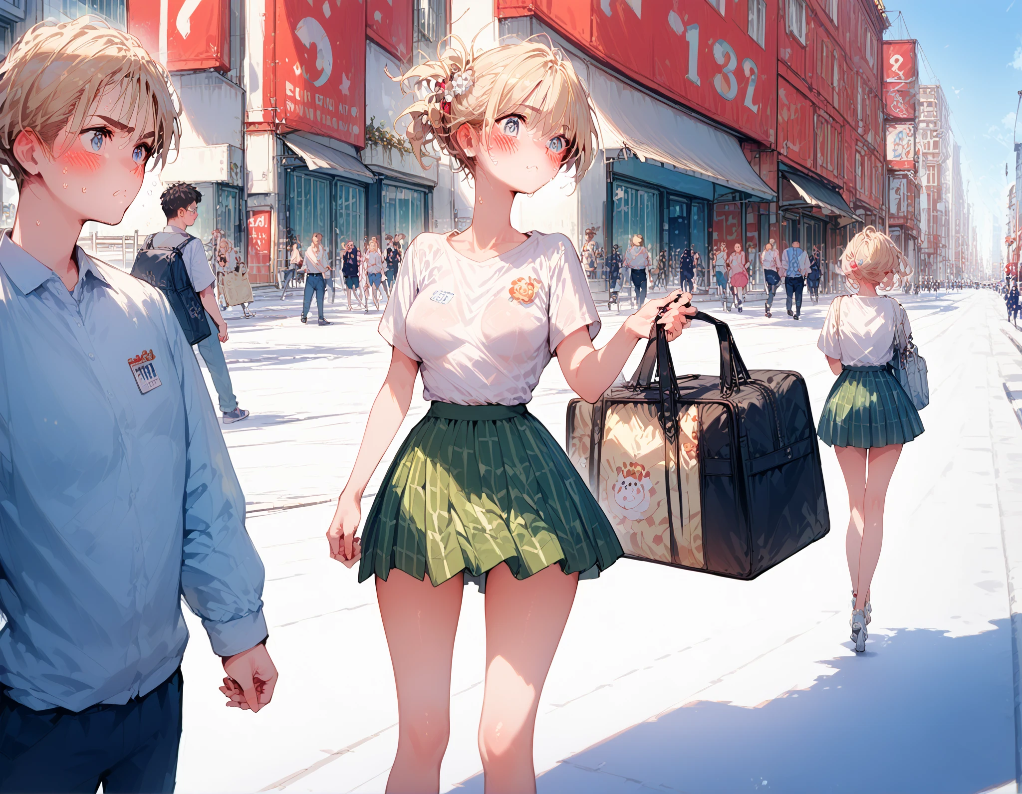 Main Street,Completely naked, blush, embarrassing expression, exhibitionist schoolgirl in the middle of a big city,In the middle of a big city,A large number of people々It has been sighted by,Completely naked,shame