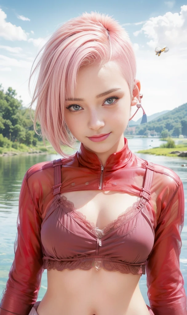 masterpiece, best quality, (realistic,photo-realistic:1.4), (RAW photo:1.2), extremely detailed CG unity 8k wallpaper, delicate and beautiful, amazing, finely detail,official art, absurdres, incredibly absurdres, huge filesize, ultra-detailed, extremely detailed, extremely detailkcaled girl,extremely detailed eyes and face, light on face,little smiles,(buzz-cut hair:1.7),(pink hair:1.3),(nature background:1.4),haruno sakura,(lingerie:1.5),(teen girl:1.3)