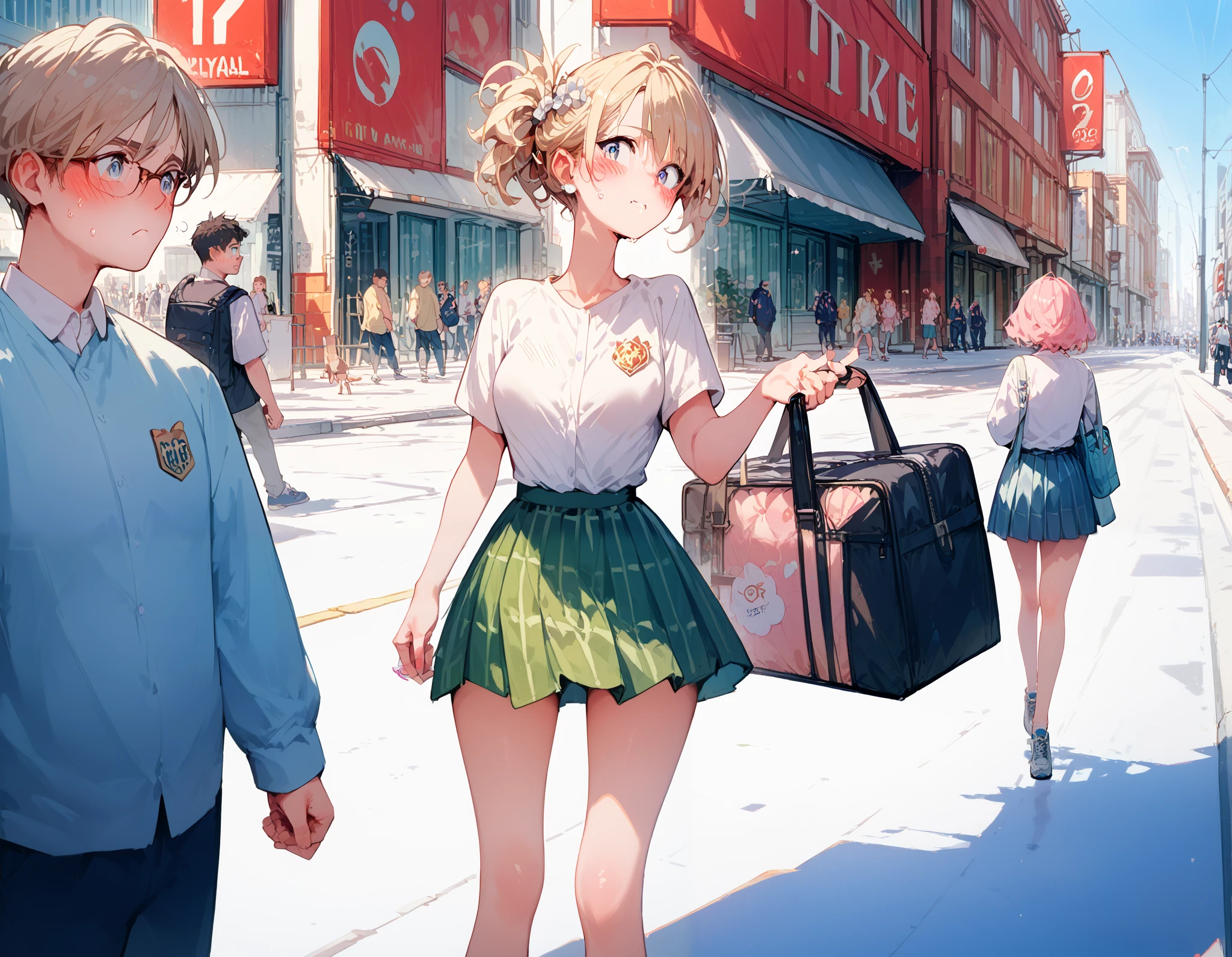 Main Street,Completely naked, blush, embarrassing expression, exhibitionist schoolgirl in the middle of a big city,In the middle of a big city,A large number of people々It has been sighted by,Completely naked,shame