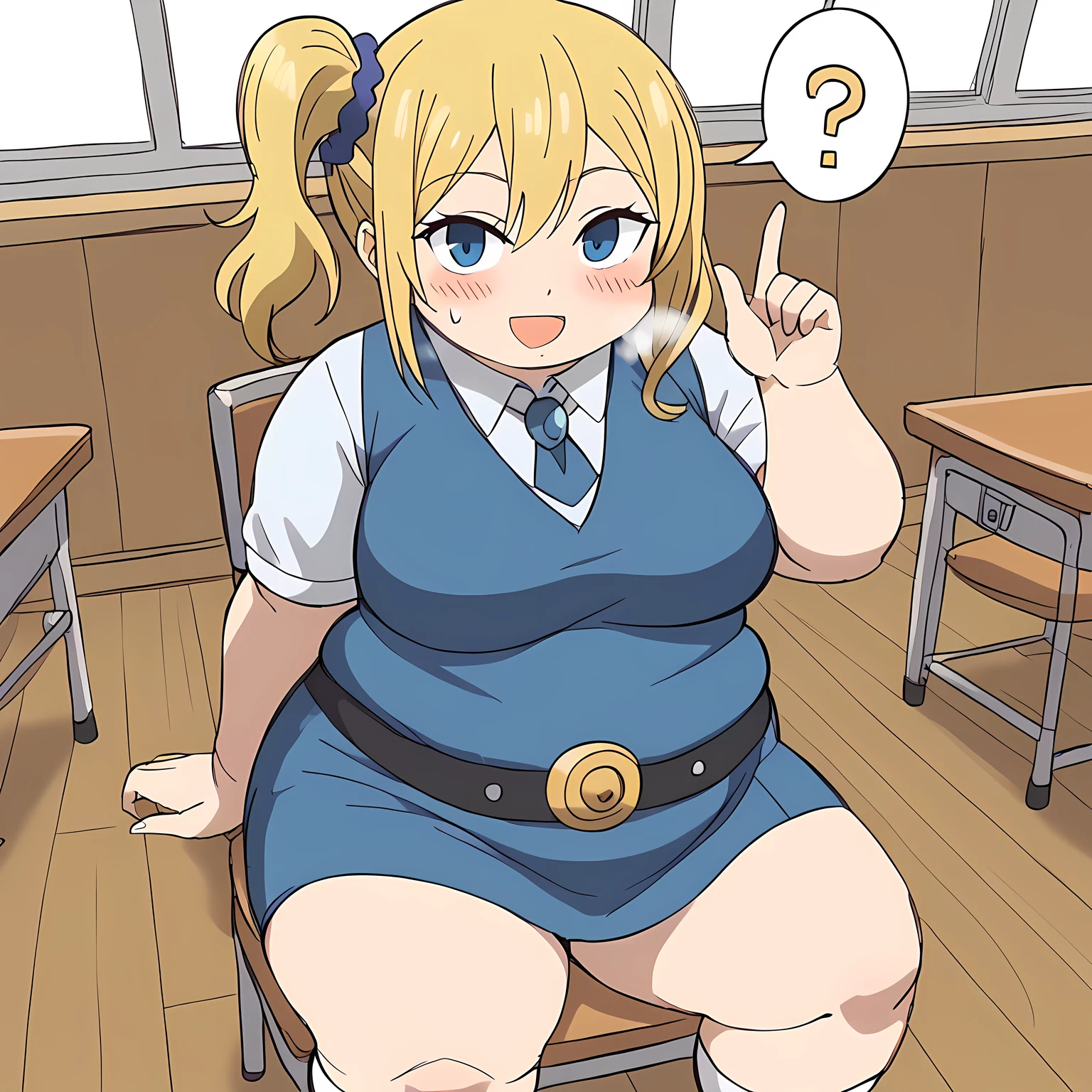 score_9, score_8_up, score_7_up, solo,1girl,ai hayasaka, bangs, blue eyes, blonde hair, hair ornament, hair between eyes, sidelocks, side ponytail, scrunchie, hair scrunchie, blue scrunchie, medium breasts, tucked in sma shirt, sma necktie, sma belt, sma skirt, sma shirt, sma skirt, inside classroom, windows, chair, tables thighs, looking at viewer, smile, sunligth, sit on chair, socks, , anime screencrap, dutch shot swollen face, fat, chubby, obese, open mouth, out of breath, absurdres, highres icon, rating:General, confused, blush, spoken question mark, {flustered}, nervous sweating, portrait, pov hands, hand up, averting eyes, [looking away], straight-on, from above,  upper body, masterpiece, best quality, ultra-detailed, high resolution, 8K, absurdres, highres icon, sketch