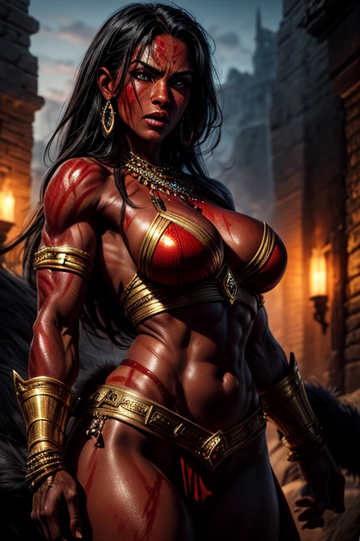 ((rough red skin)), rock texture, adult female, toned body, black hair, ((detailed face)), expressive, photorealistic, fantastical, big eyes, strong arms, shiny skin, golden jewelry, fur, dynamic pose, medium shot, illuminated, dynamic arms, castle.