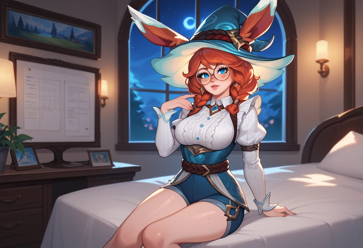 score_9, score_8_up, score_7_up, Aurora (league of legends), 1 girl, blue eyes, bunny ears, red hair, freckles, round glasses, sexy, full body, squinty eyes, blue shorts, brown belt, earrings, long eyelashes, sexy, big bust, pretty face, witch hat, in a park at night, secretary clothes, lusty, fluffy body, indoors, sitting, sweating, white Lolita hood, in the the bed, sitting, thighs, (she is standing), breasts, close up