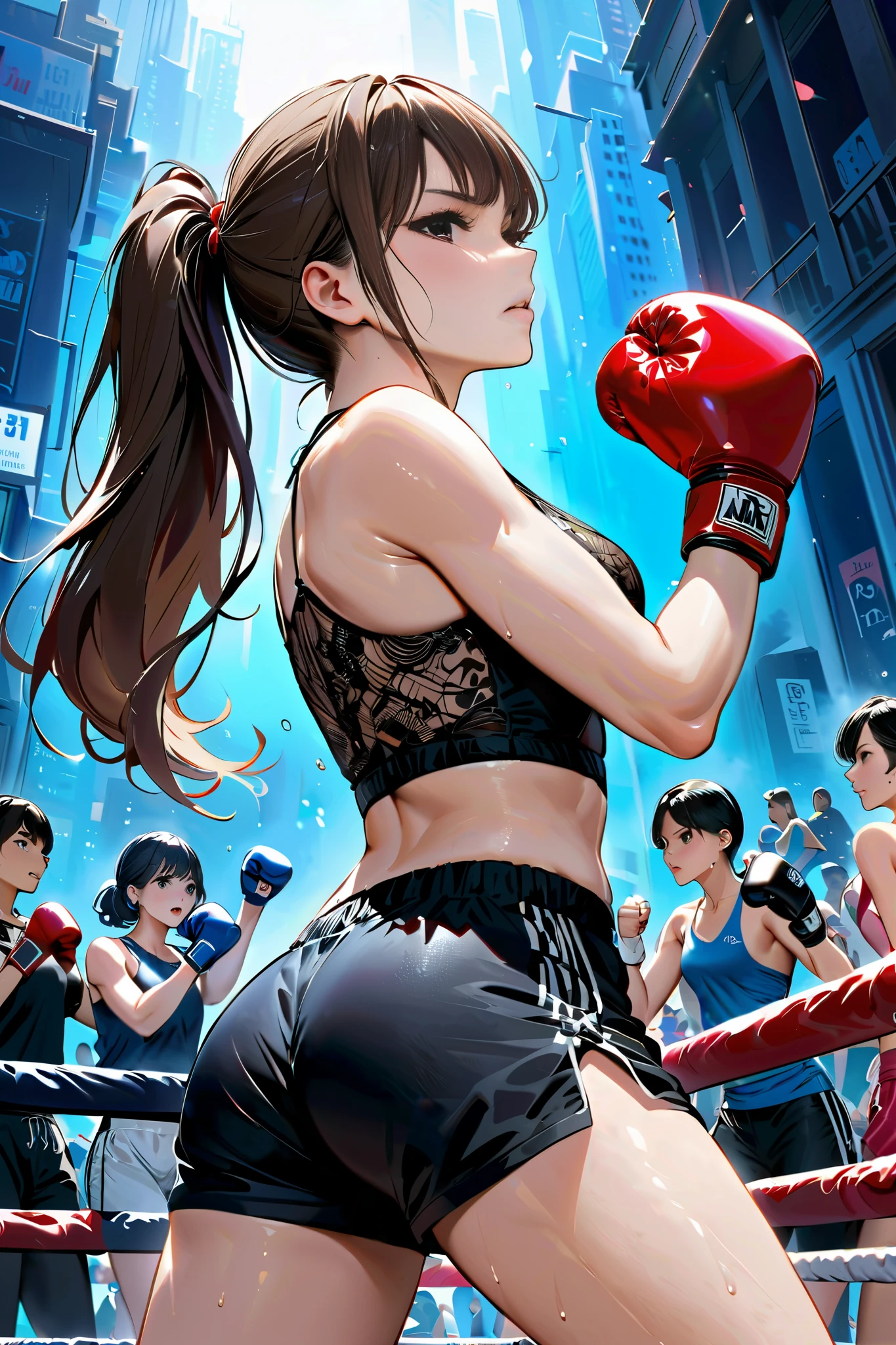 Casual city event fighting match,from below,Feminine slim body, open finger gloves,lace-patterned camisole, {{masterpiece}}, {{{best quality}}},{{ultra-detailed}}, {{illustration}},fingerless gloves,　from side,cowboy shot,A woman with long hair who is 180cm tall,Athletic body、{{Female boxer}}, ,{{hand on own chest:1,6}}{{A tall, mature woman:1.4}},anxiety、lace camisole、BLACK　dolphin shorts、boxing、Fighting Pose、{{critical situation:1.6}}.、boxing ring、},{{She seems to be struggling to breathe.:1.4}},,{{v-shaped eyebrows}},A tense look,blush,Sweat,defensive posture,Dynamic composition,dutch angle,long Hair、ponytail,Brown Hair、Blunt bangs　,Medium chest、boxer,、boxing glove,short boots,cheering crowd