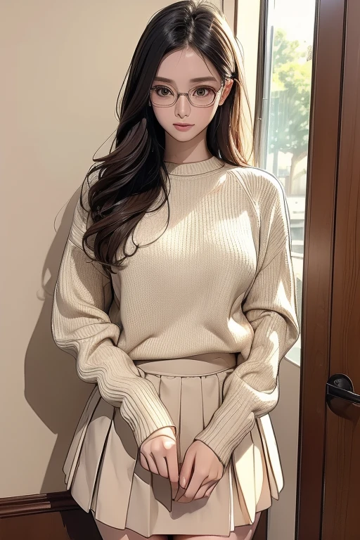 (( best quality)), ((傑 best quality、masterpiece、High sensitivity、 high definition 、 Details、 Delicate Facial Description)), Slender woman、Glasses、knitted pullover、 skirt、 meeting、