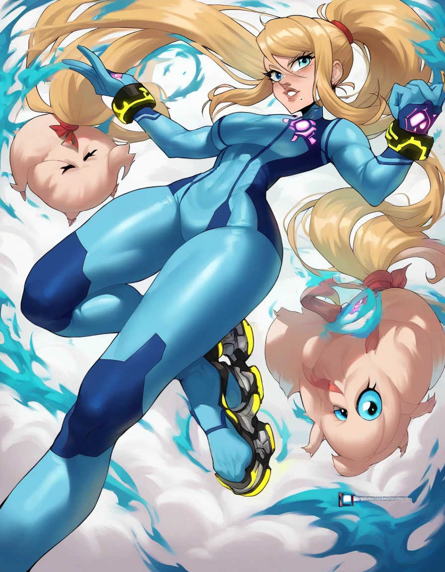 score_9, score_8_up, score_7_up, 2D, EchoSaber, 1girl, solo, zero suit samus, lip gloss, wide hips, narrow waist, blonde hair, blue eyes, ponytail, spinning around with her booty cheeks and her bikini showing multiple faces, body, arms, booty, legs and feet