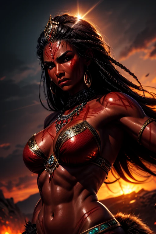 ((rough red skin)), rock texture, young woman, toned body, black hair, ((detailed face)), expressive, photorealistic, fantastical, big eyes, strong arms, shiny skin, shiny black jewelry, fur, dynamic pose, medium shot, illuminated, dynamic arms, sunny day, obsidian.