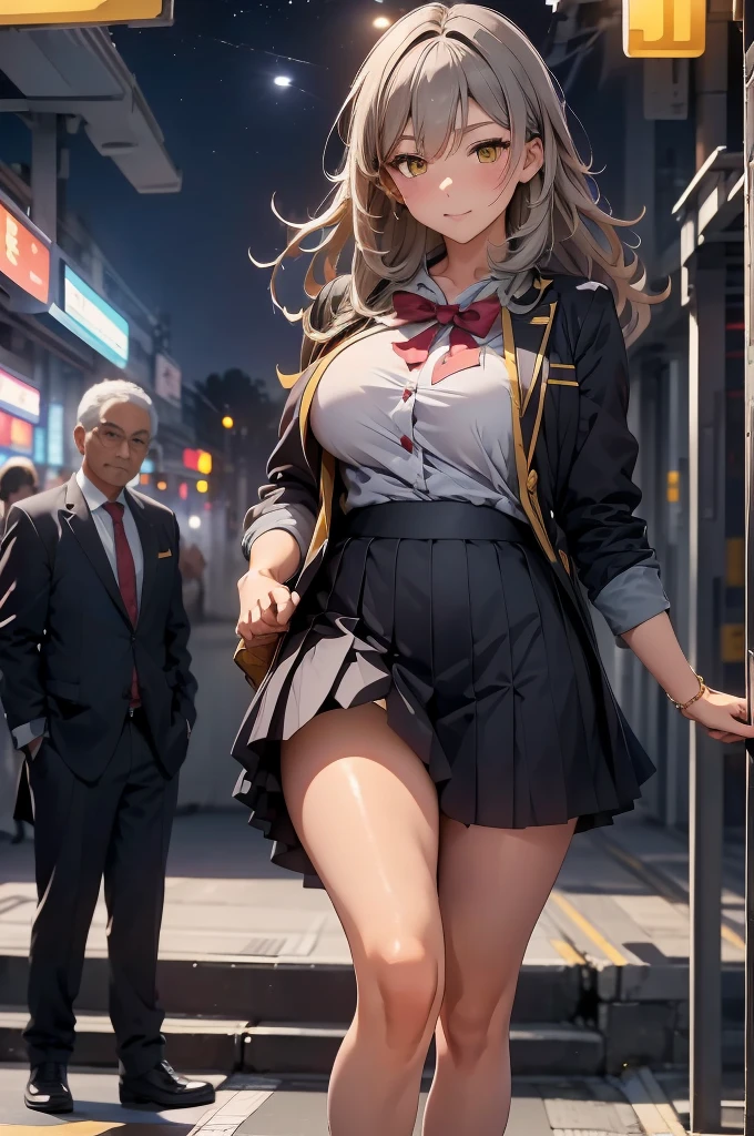 a, beautiful girl , stelle hsr ,gray hair,long hair,yellow eyes, large breasts, wearing a JK school uniform , white stocking , wearing a sneaker , walking in a railway station with a thailand diesel locomotive ,at night time.