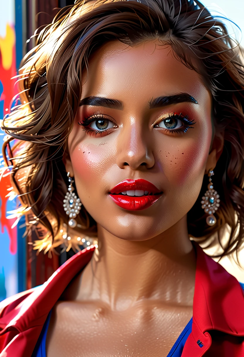 full body, plaza setting, (highest quality, 4k, 8K, High resolution, masterpiece: 1.2), (Super detailed, realistic, realistic:1.37)Seductive young girl, a beautiful Mexican woman with wild hair, smiling, oversized eyes, expressive portrait, intense colors, abstract expressionist style, dynamic brushstrokes, dramatic lighting, high contrast, deep shadows, vibrant palette, emotive energy, masterpiece, 8k, photorealistic, sticking her tongue outWearing a striking red and blue ensemble, Stand in front of the window with toughness and determination. Her mesmerizing eyes are exquisitely crafted, Capture every sparkle and depth, her lips、It boasts a detailed beauty that is captivating and enchanting.。. The level of detail is across the entire face, Each contour and feature is perfectly and meticulously rendered., Create a sense of hyperrealism that draws viewers in. 

girls&#39; clothes, Reminiscent of oil painting art, It is a work of art in itself. material, Skillfully expressed with vivid brush strokes, Adds a touch of dynamism to her overall look. It truly reflects the artist&#39;s talent, show off your skill