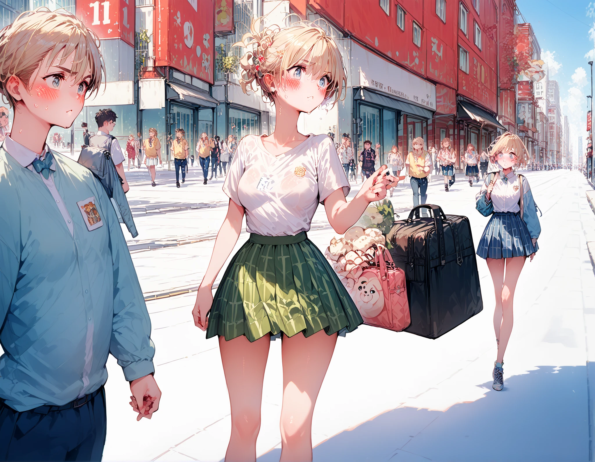 Main Street,Completely naked, blush, embarrassing expression, exhibitionist schoolgirl in the middle of a big city,In the middle of a big city,A large number of people々It has been sighted by,Completely naked,shame