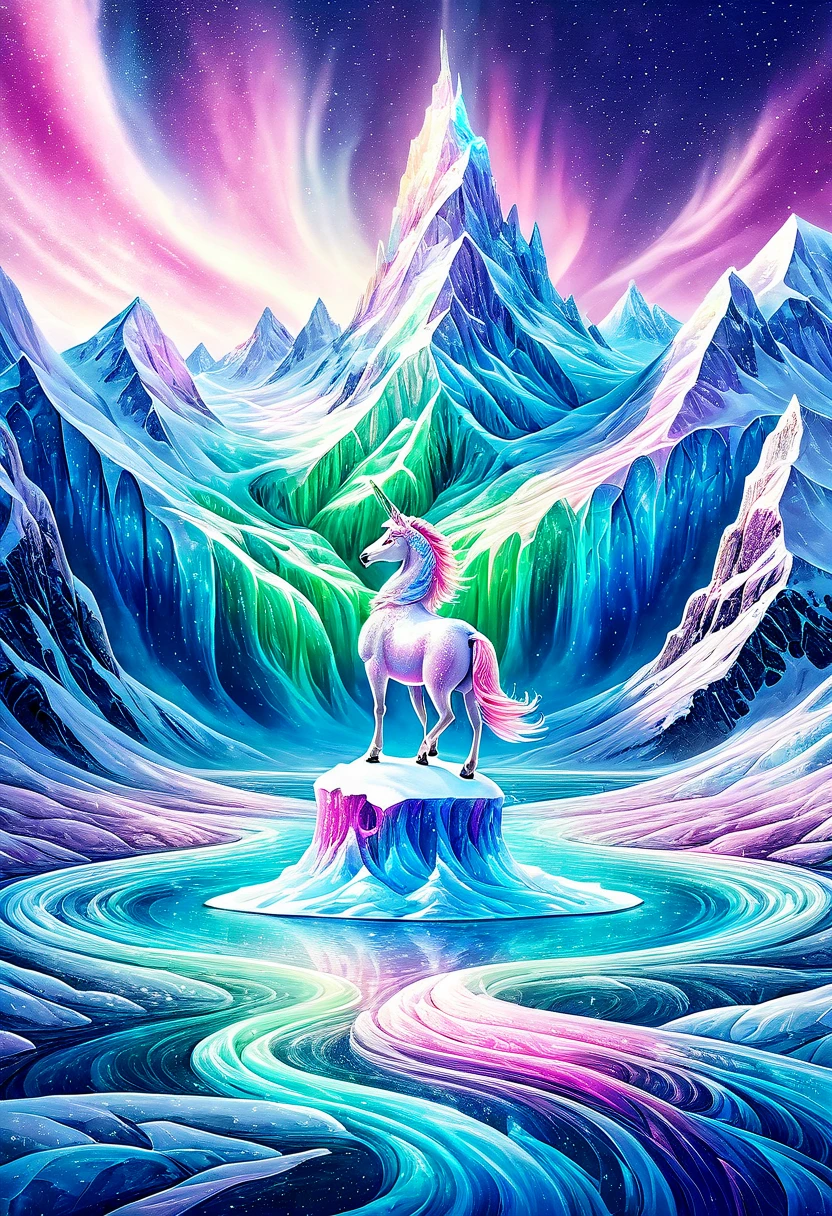 Snow fantasy illustration: 1. 2, Fantastic Nordic world, Mysterious, pop and fantasy, Curtain of aurora borealis all over the sky, Lonely pink unicorn standing on a transparent glacier, Glowing glaciers, Frozen earth, Life force, Dreamlike Beautiful world, Beautiful shimmering aurora, Energetic background, Masterpiece, Best Quality, Ultra high detailes, Intricate details, Intricate detail texture 